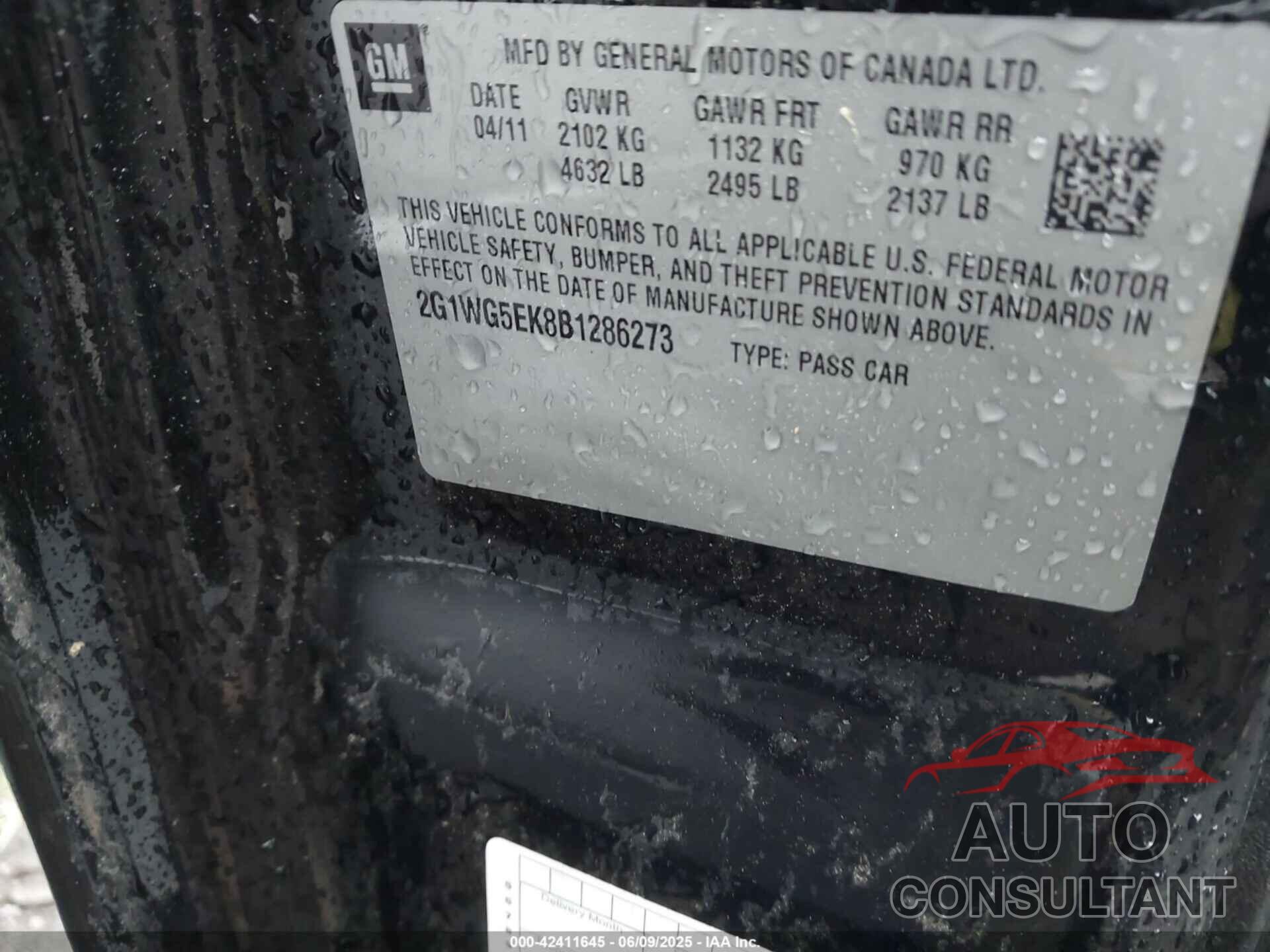 CHEVROLET IMPALA 2011 - 2G1WG5EK8B1286273