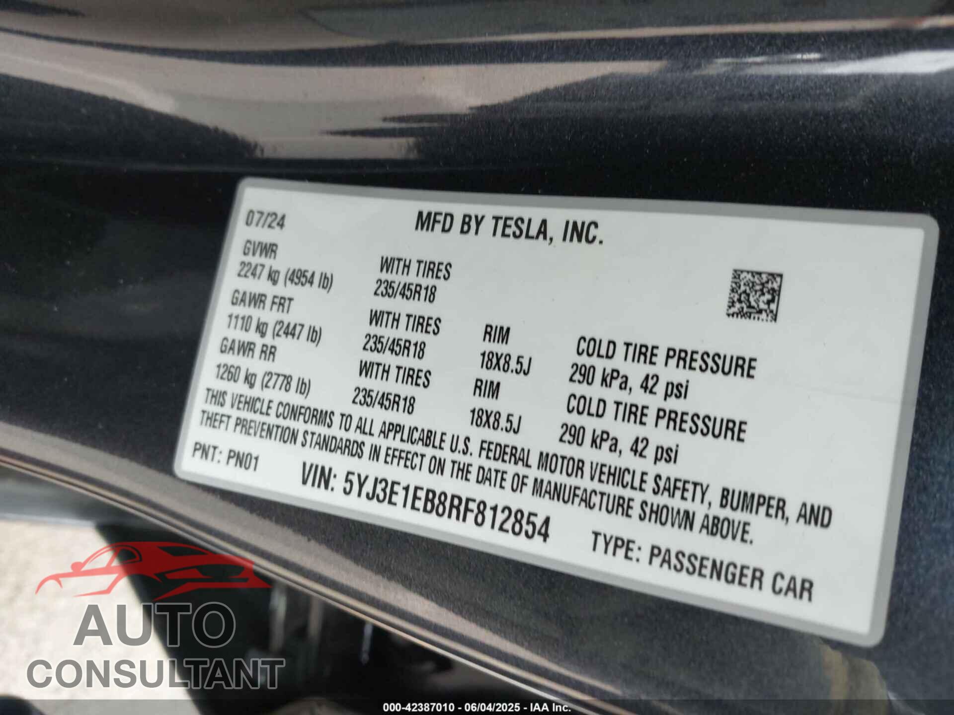 TESLA MODEL 3 2024 - 5YJ3E1EB8RF812854