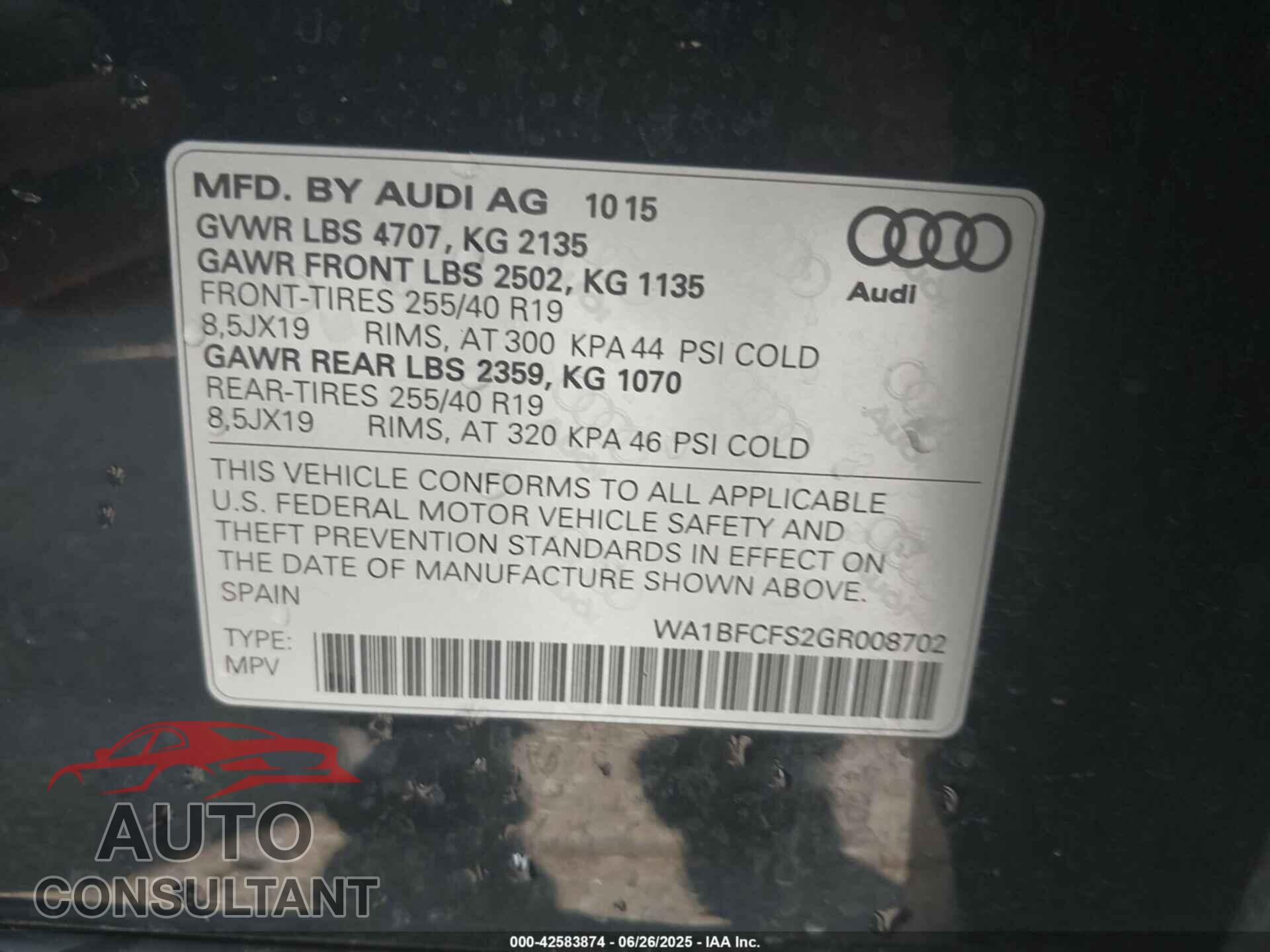 AUDI Q3 2016 - WA1BFCFS2GR008702