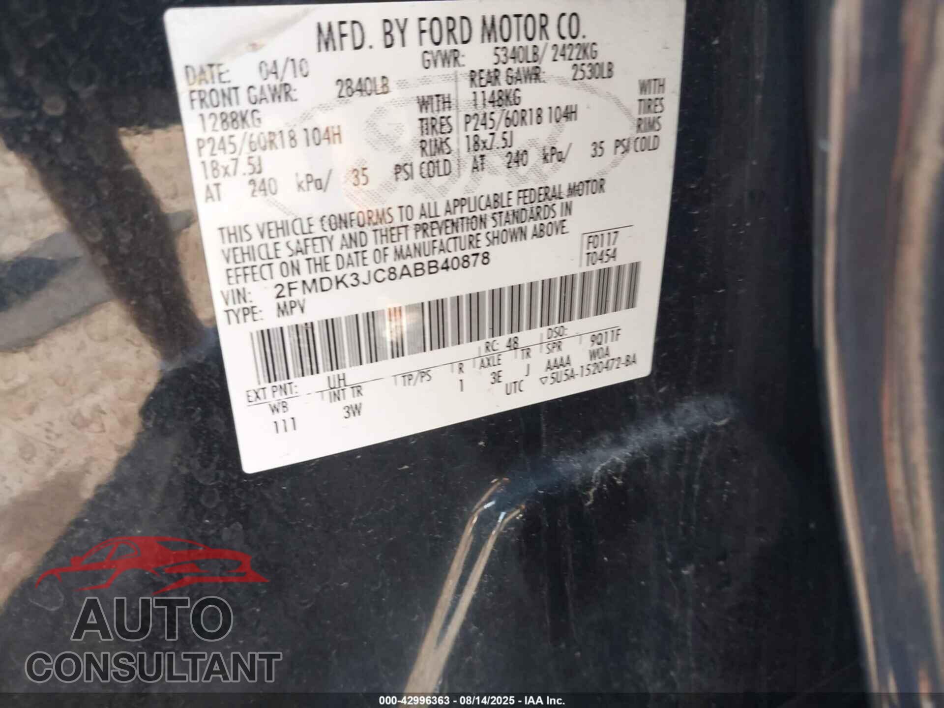 FORD EDGE 2010 - 2FMDK3JC8ABB40878