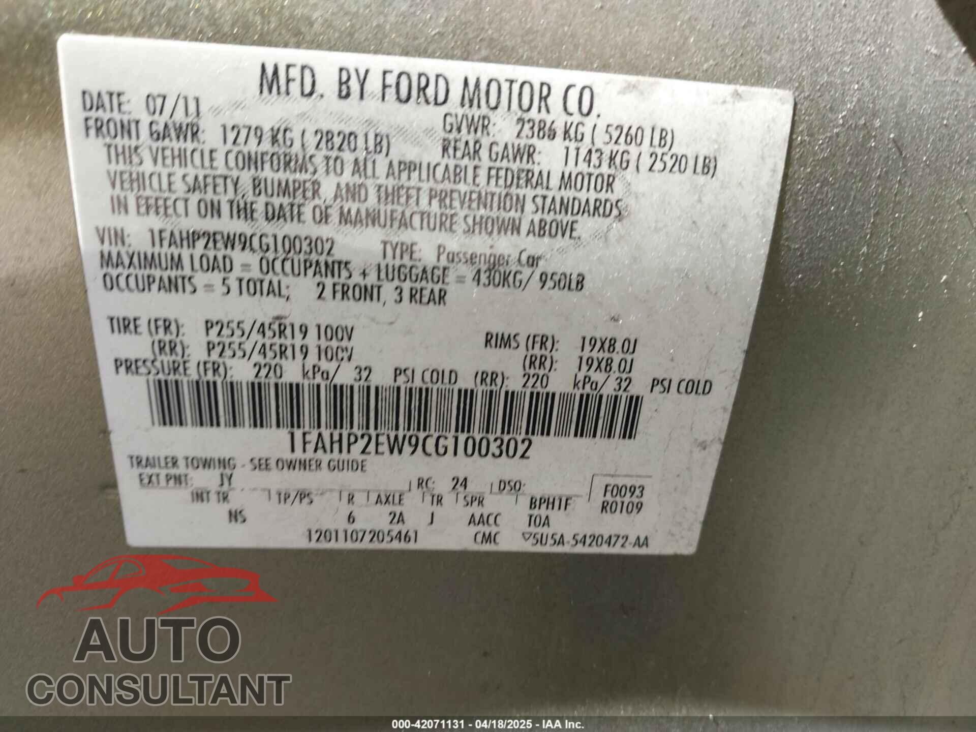 FORD TAURUS 2012 - 1FAHP2EW9CG100302