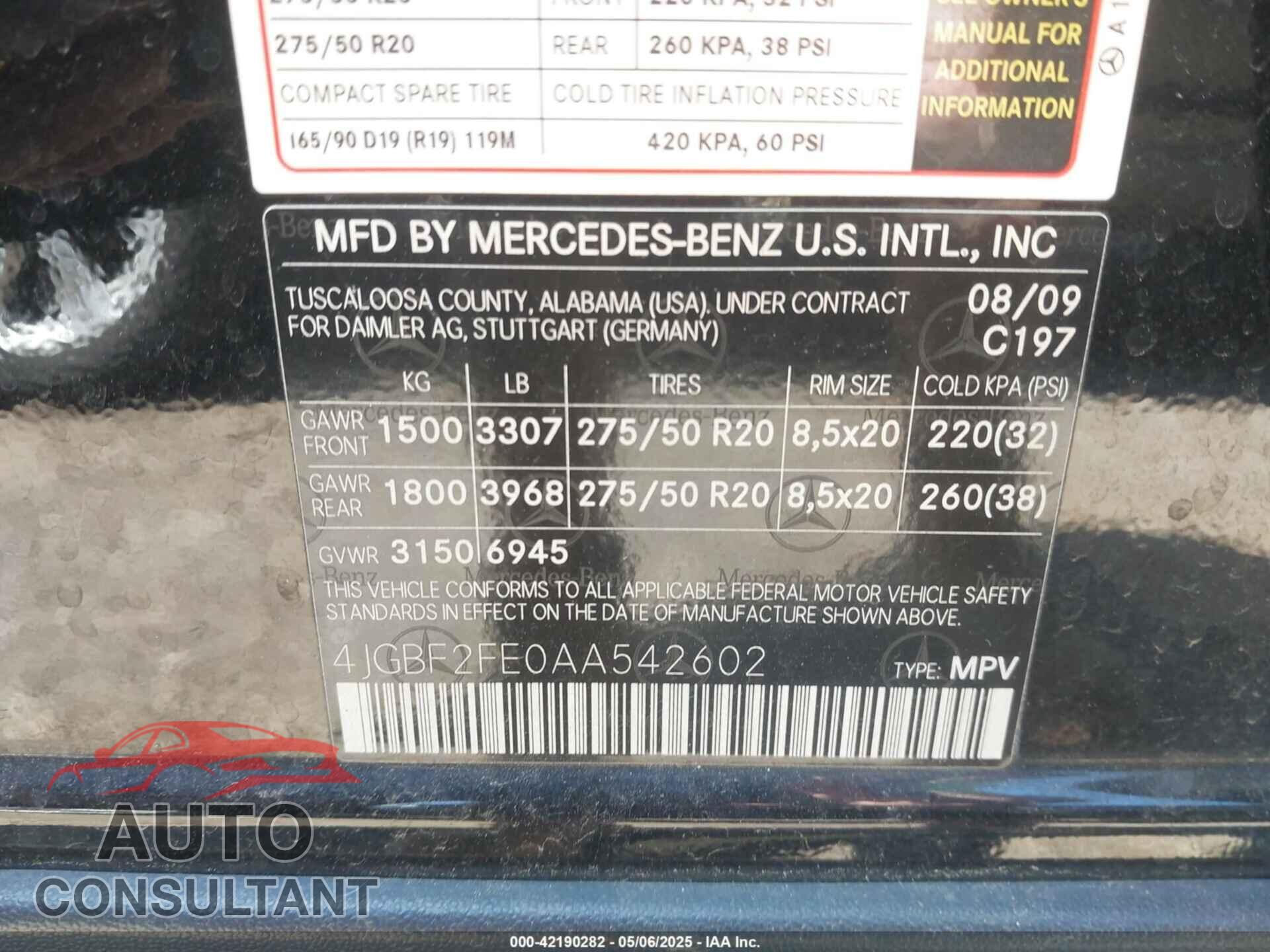 MERCEDES-BENZ GL 2010 - 4JGBF2FE0AA542602