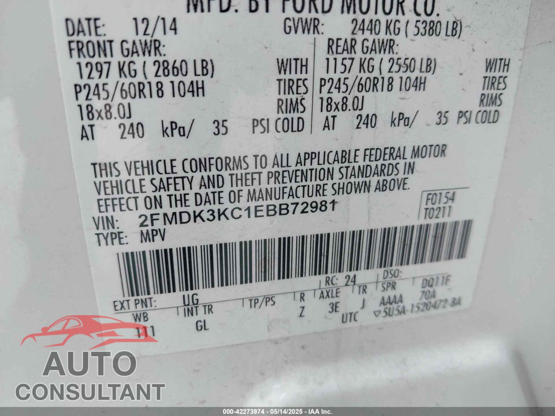 FORD EDGE 2014 - 2FMDK3KC1EBB72981