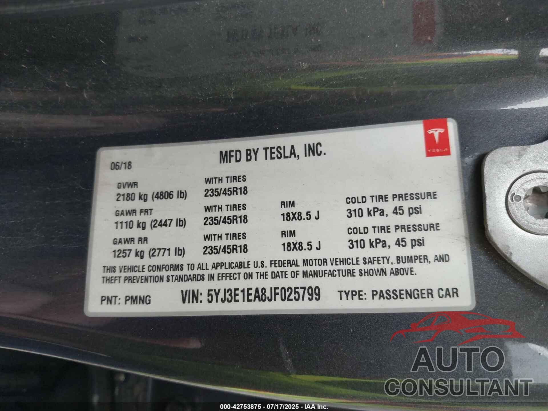 TESLA MODEL 3 2018 - 5YJ3E1EA8JF025799