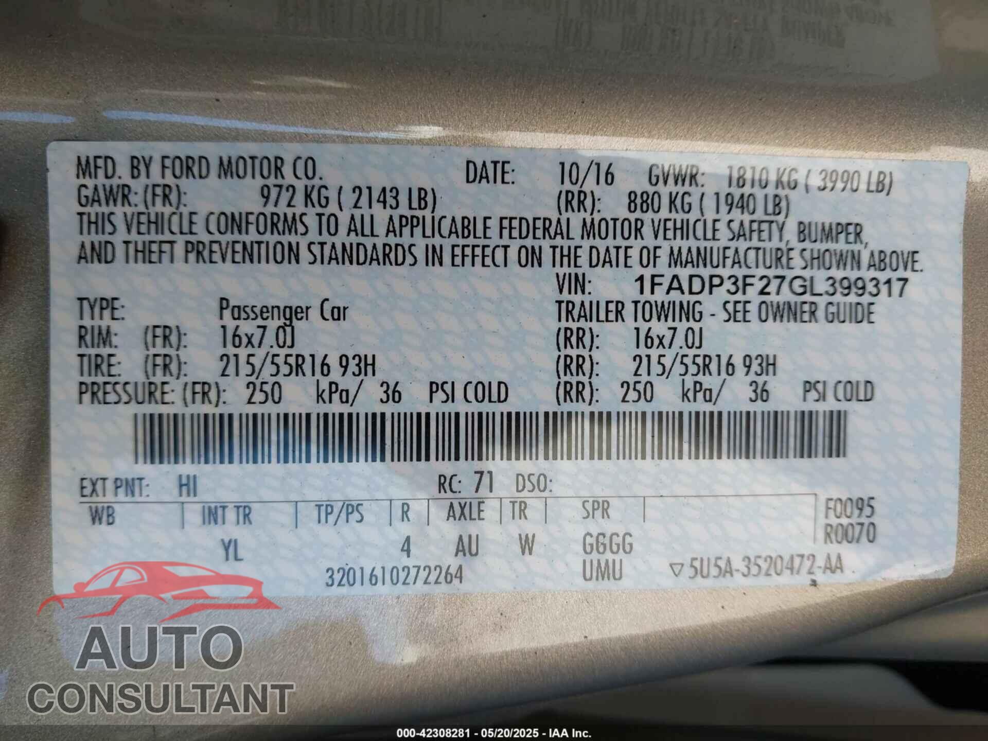 FORD FOCUS 2016 - 1FADP3F27GL399317