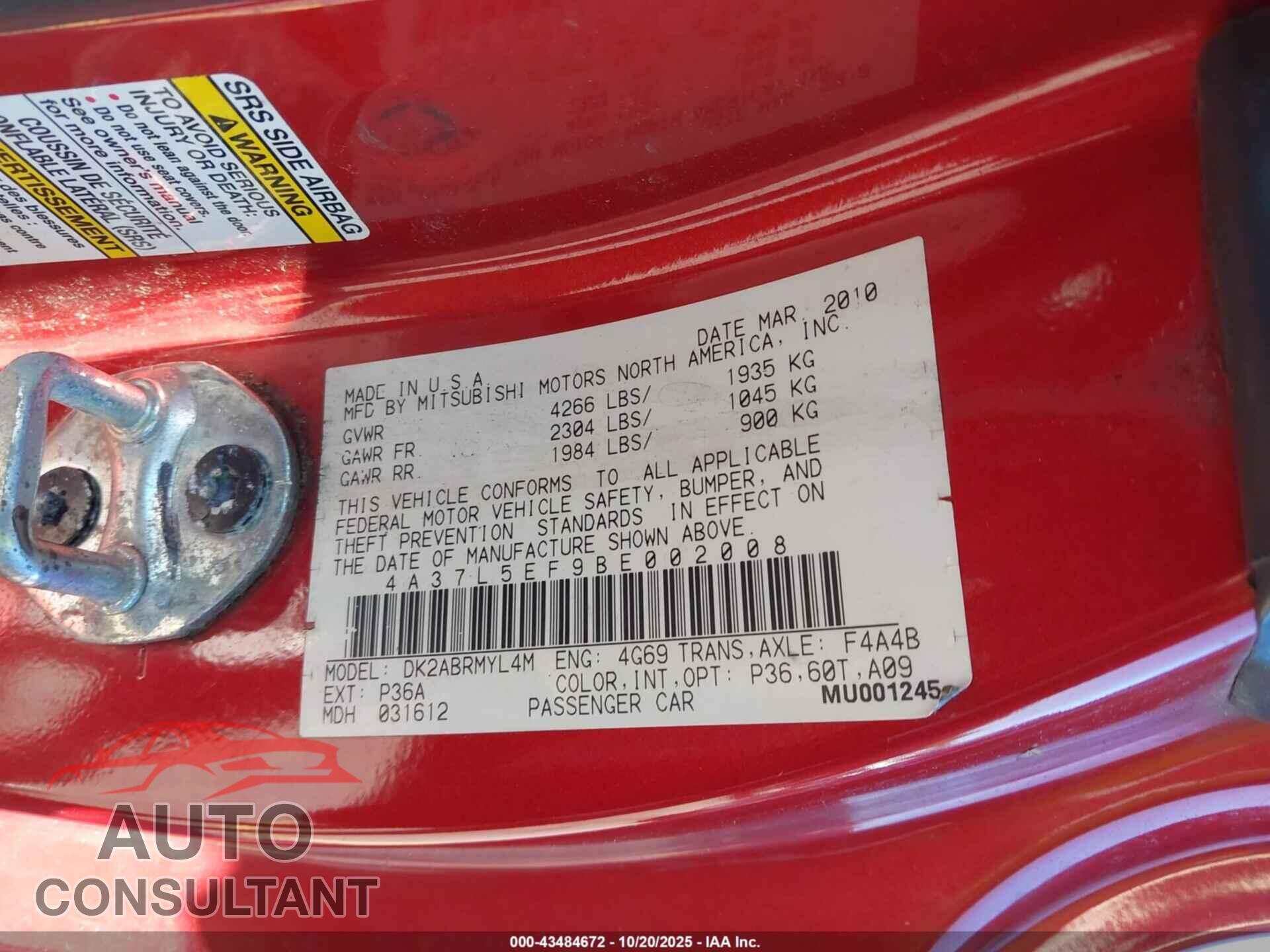 MITSUBISHI ECLIPSE SPYDER 2011 - 4A37L5EF9BE002008