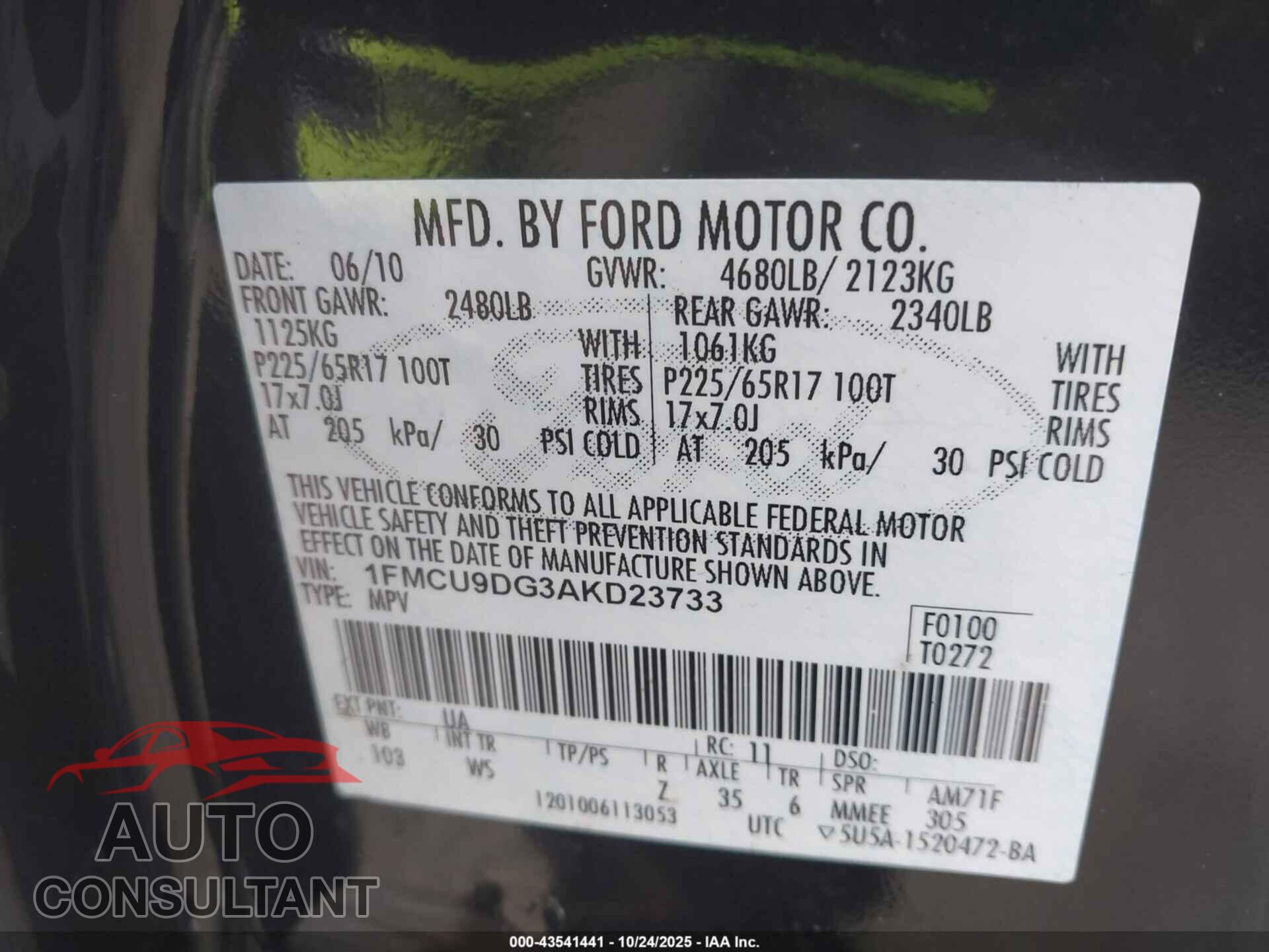 FORD ESCAPE 2010 - 1FMCU9DG3AKD23733