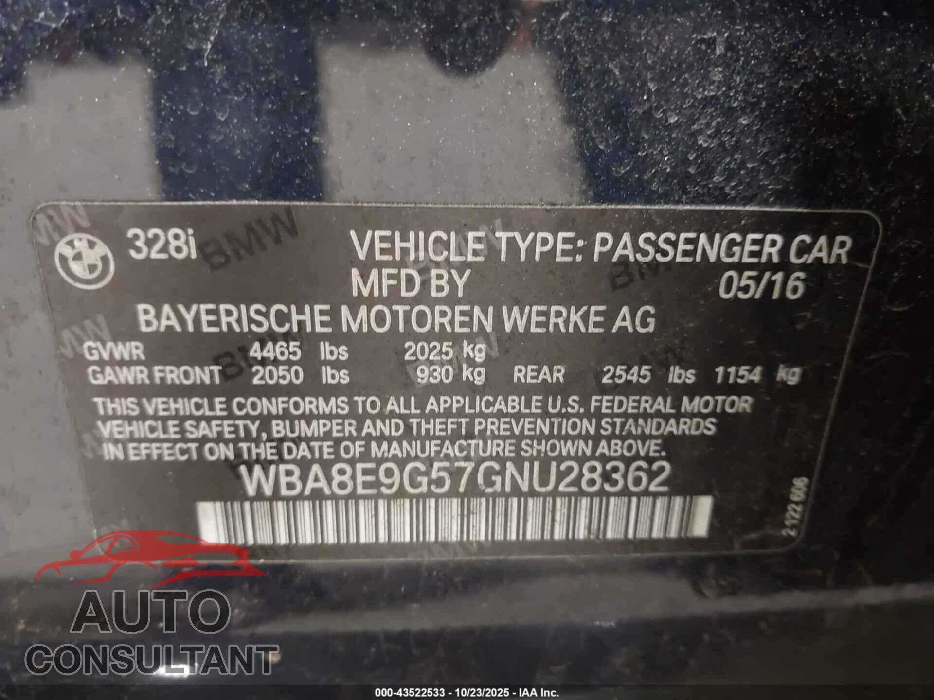BMW 328I 2016 - WBA8E9G57GNU28362
