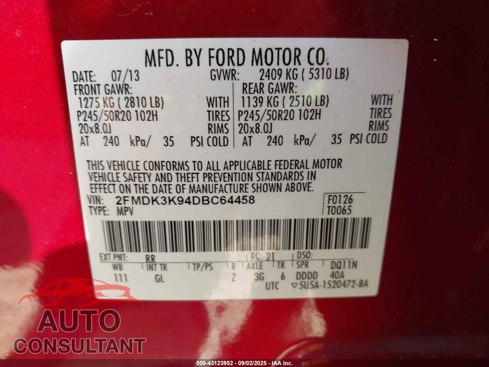 FORD EDGE 2013 - 2FMDK3K94DBC64458
