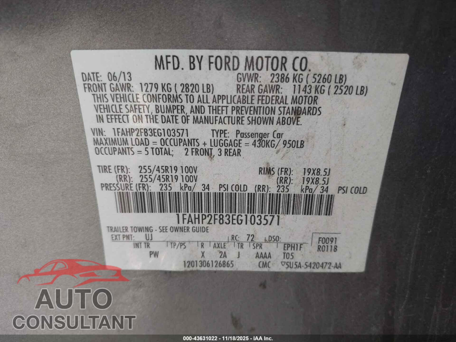 FORD TAURUS 2014 - 1FAHP2F83EG103571