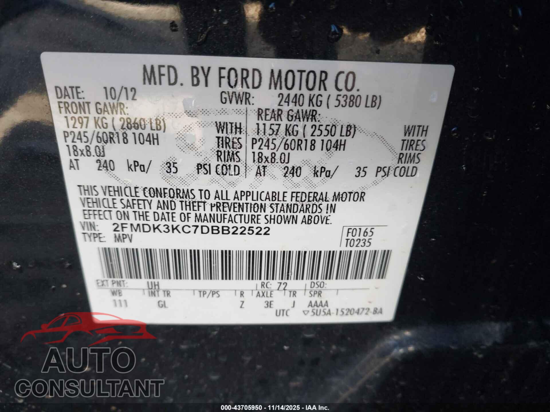 FORD EDGE 2013 - 2FMDK3KC7DBB22522