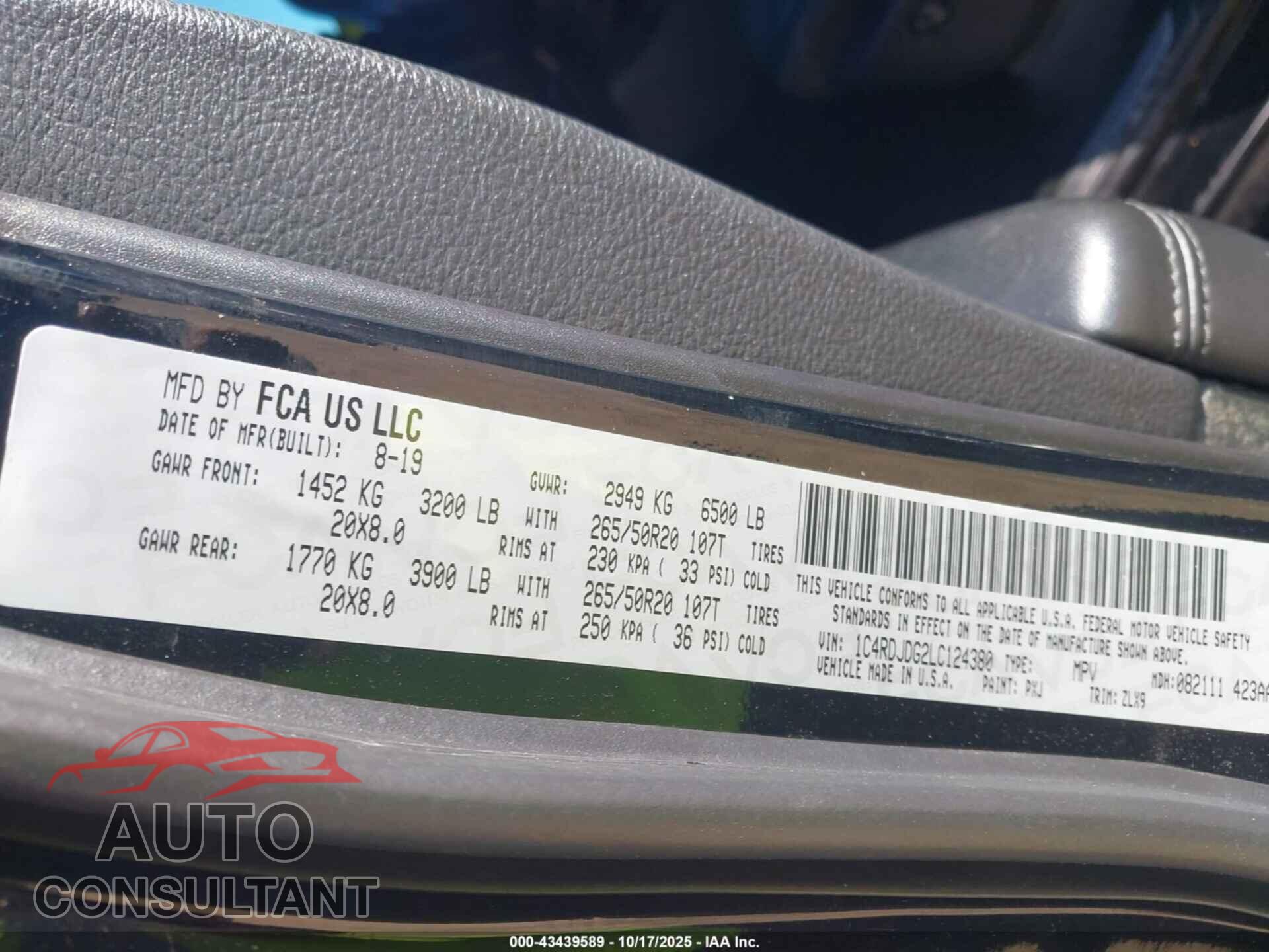 DODGE DURANGO 2020 - 1C4RDJDG2LC124380