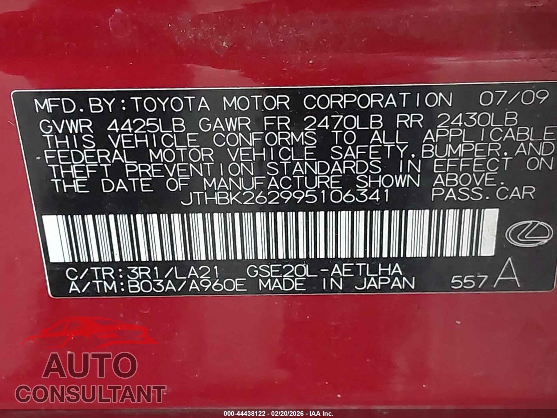 LEXUS IS 250 2009 - JTHBK262995106341