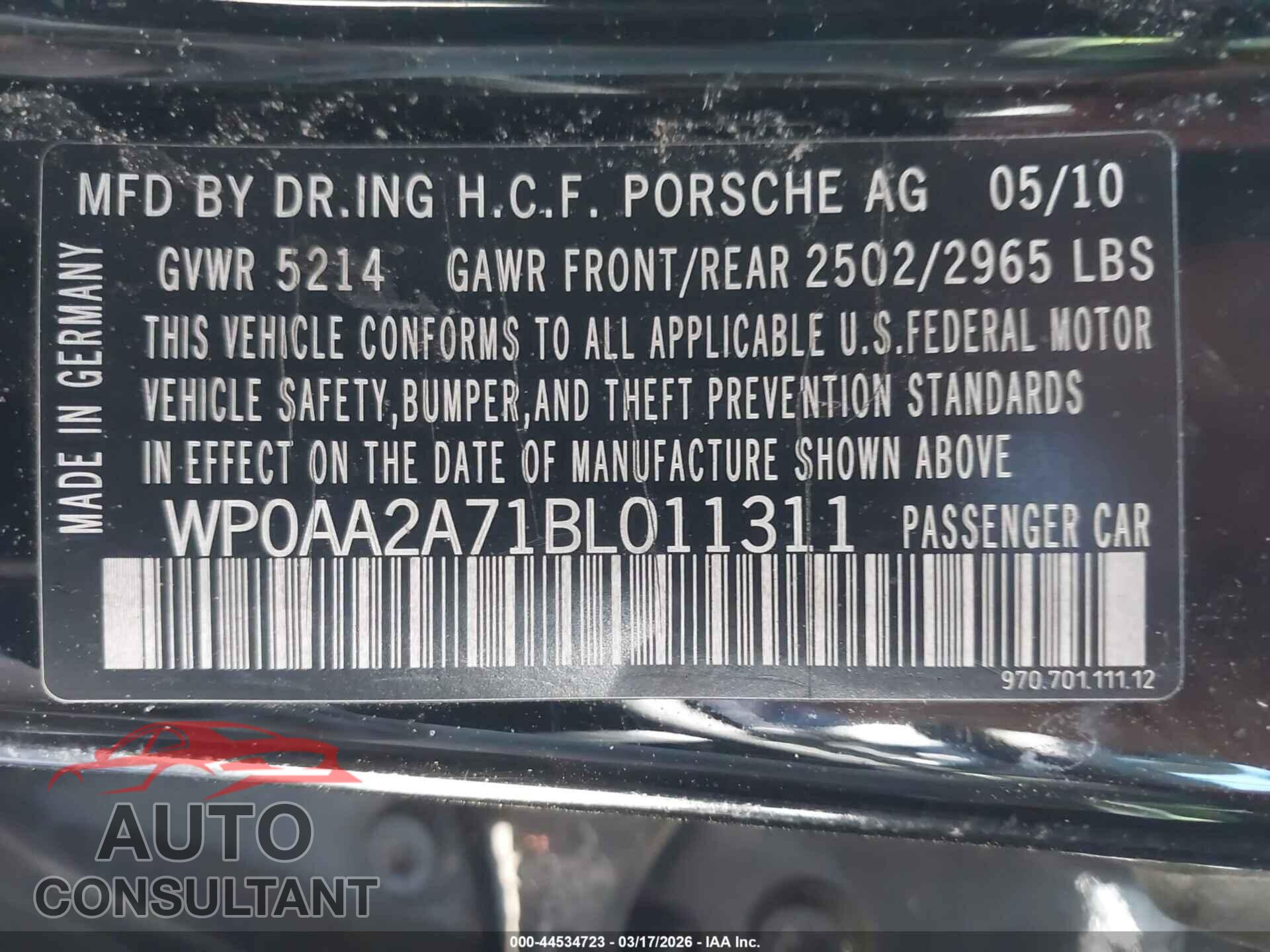 PORSCHE PANAMERA 2011 - WP0AA2A71BL011311