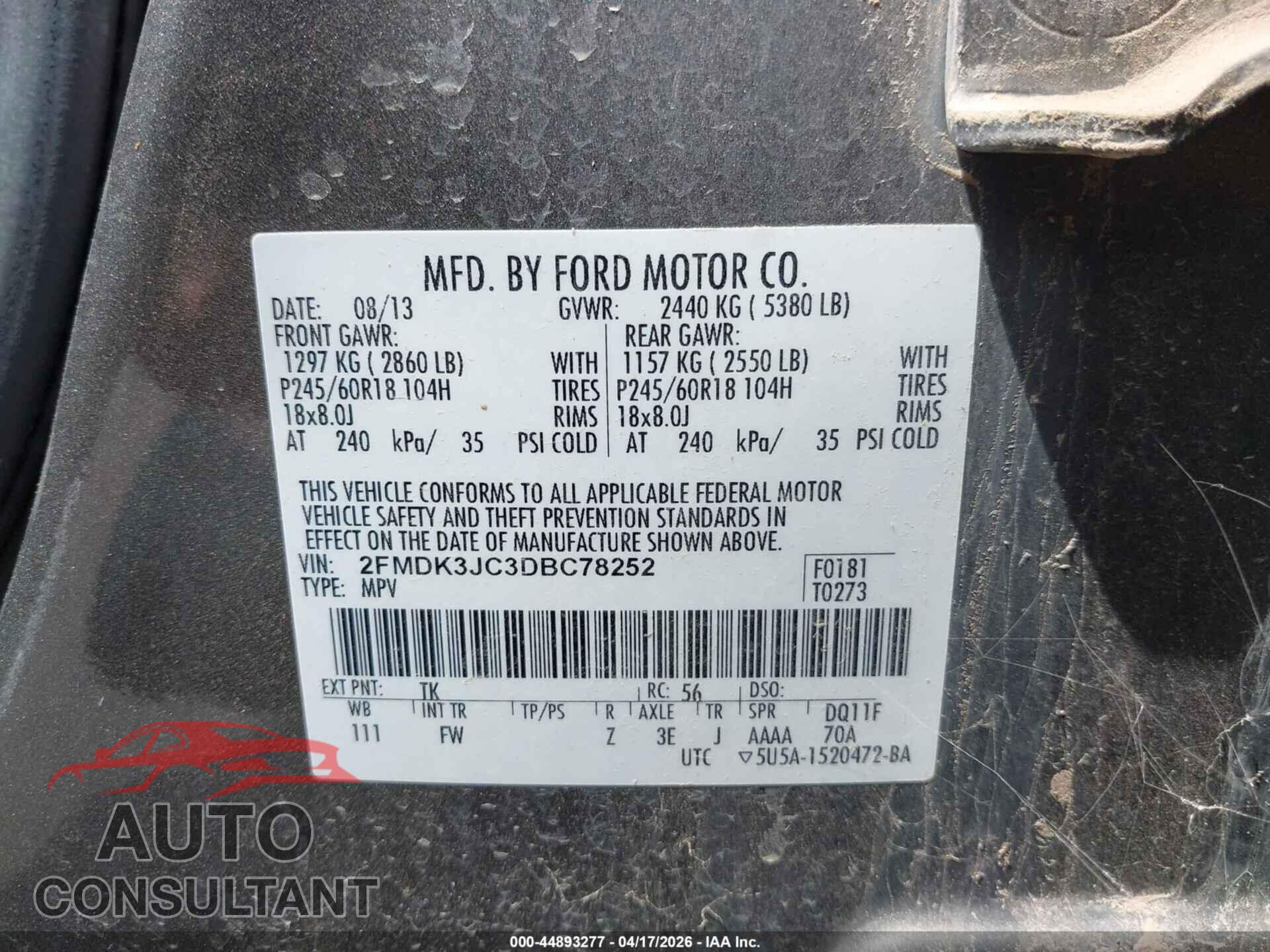 FORD EDGE 2013 - 2FMDK3JC3DBC78252