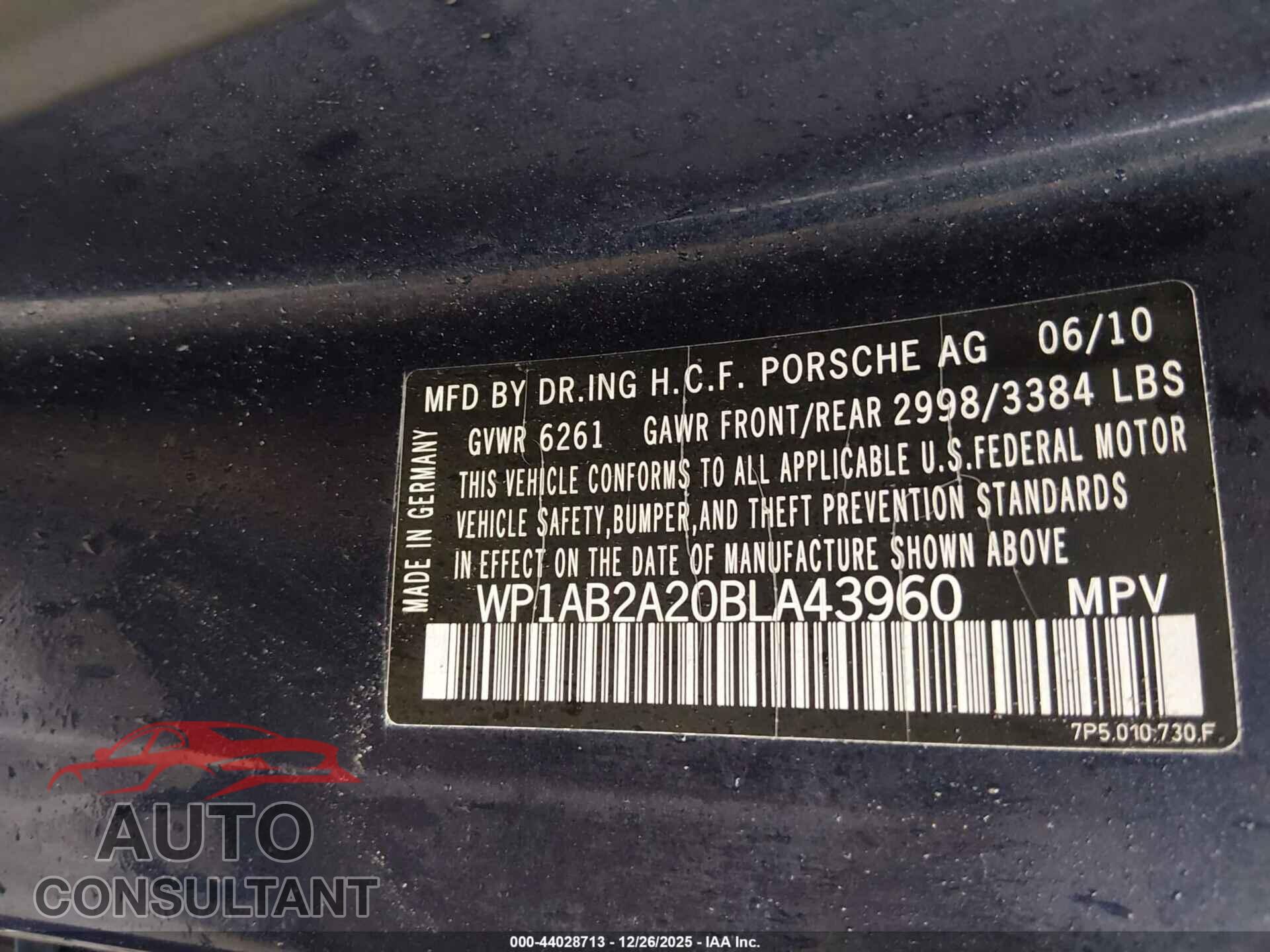 PORSCHE CAYENNE 2011 - WP1AB2A20BLA43960