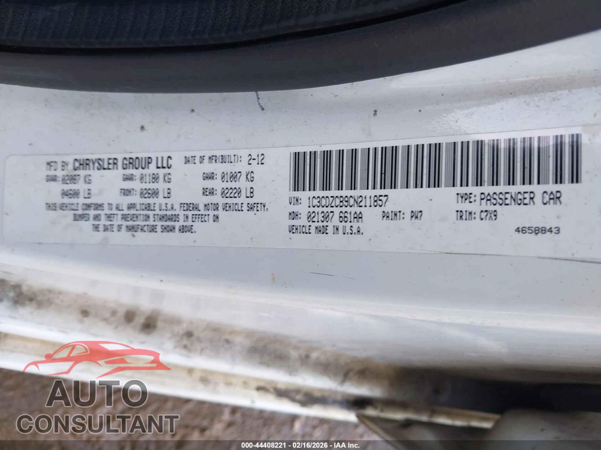 DODGE AVENGER 2012 - 1C3CDZCB9CN211857