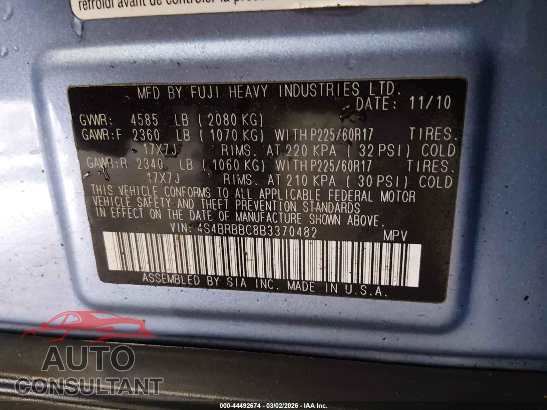 SUBARU OUTBACK 2011 - 4S4BRBBC8B3370482