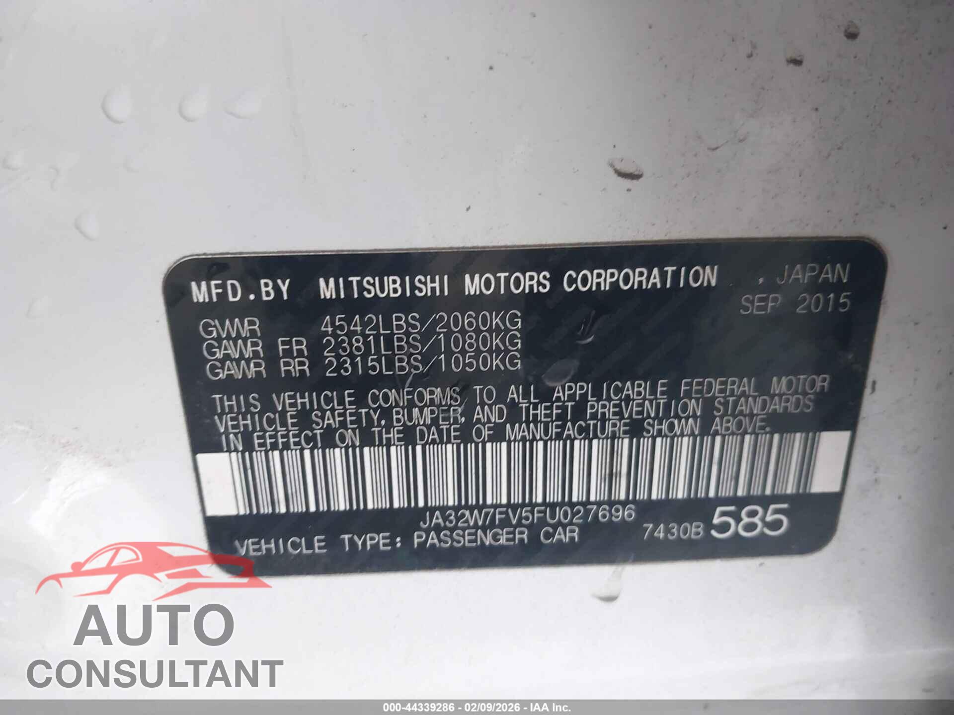 MITSUBISHI LANCER EVOLUTION 2015 - JA32W7FV5FU027696