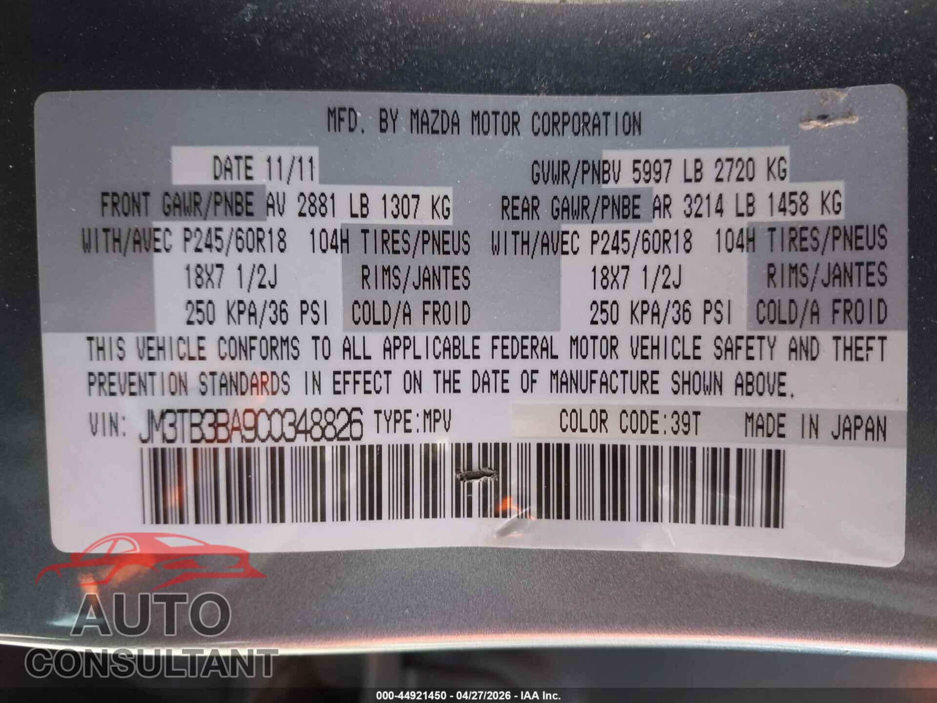 MAZDA CX-9 2012 - JM3TB3BA9C0348826