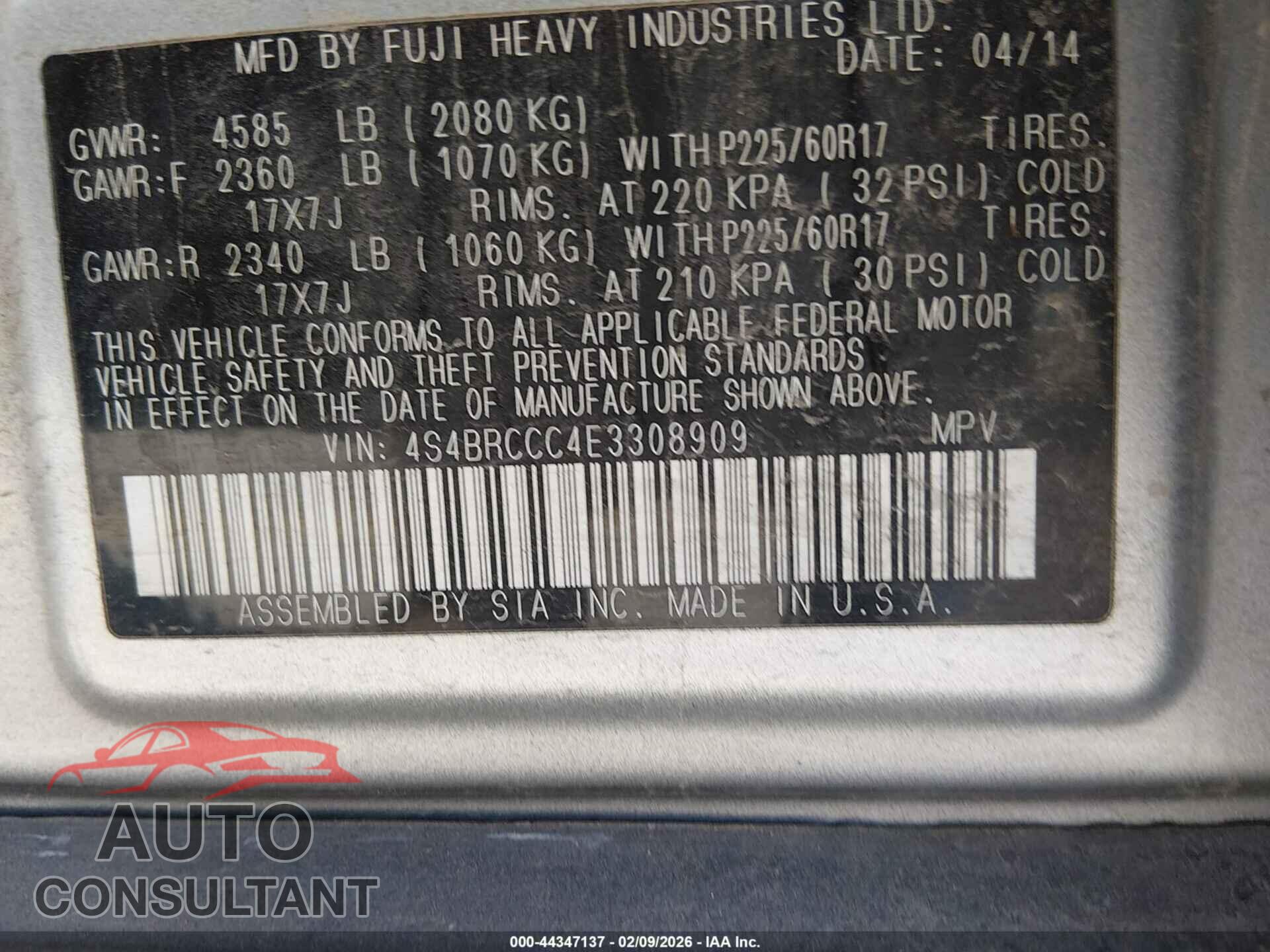 SUBARU OUTBACK 2014 - 4S4BRCCC4E3308909