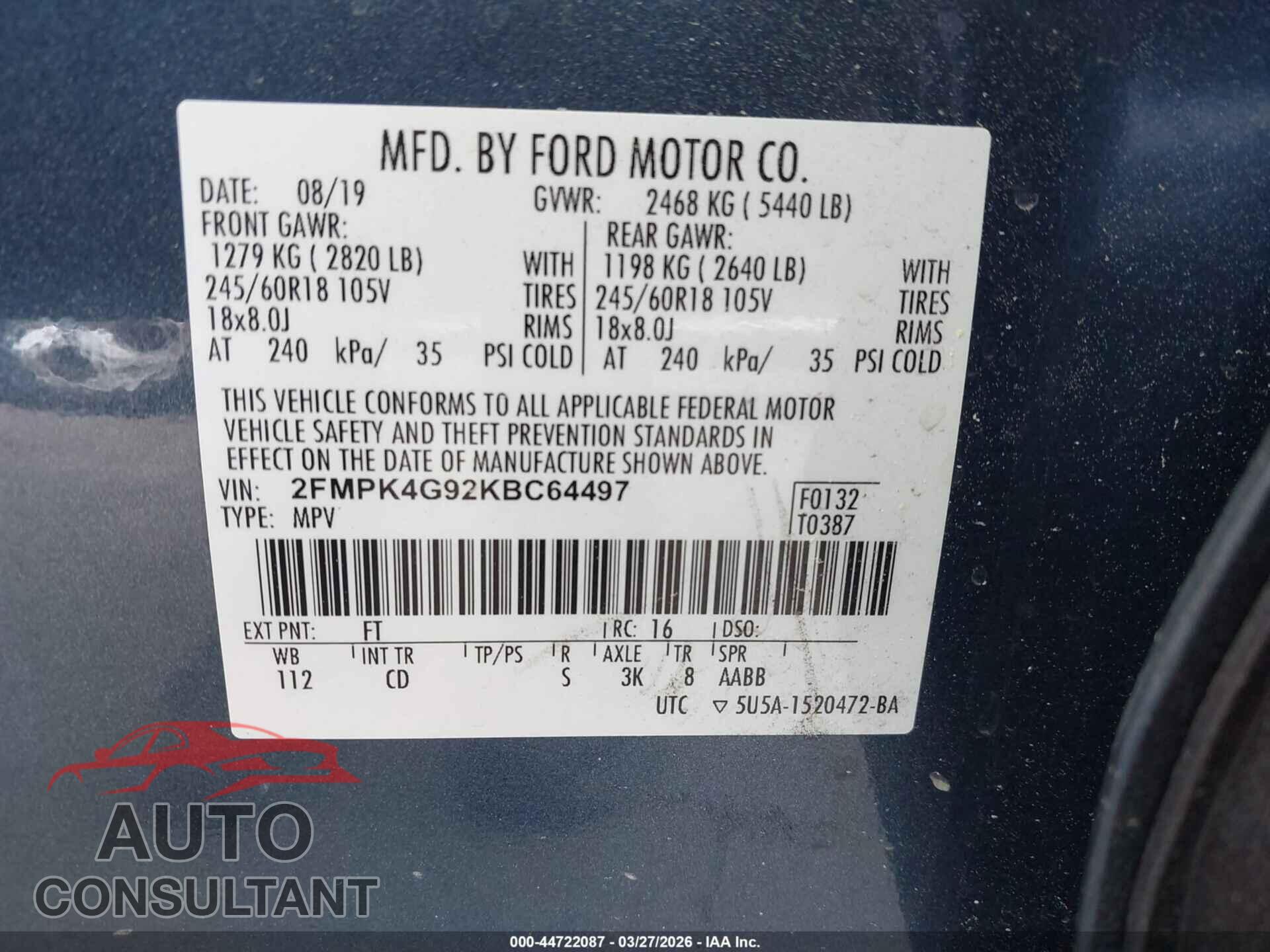 FORD EDGE 2019 - 2FMPK4G92KBC64497