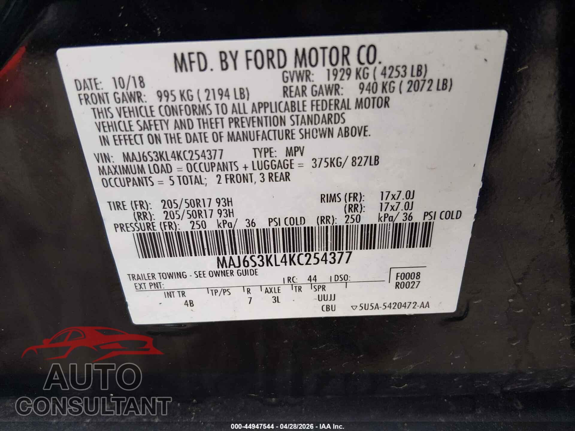 FORD ECOSPORT 2019 - MAJ6S3KL4KC254377