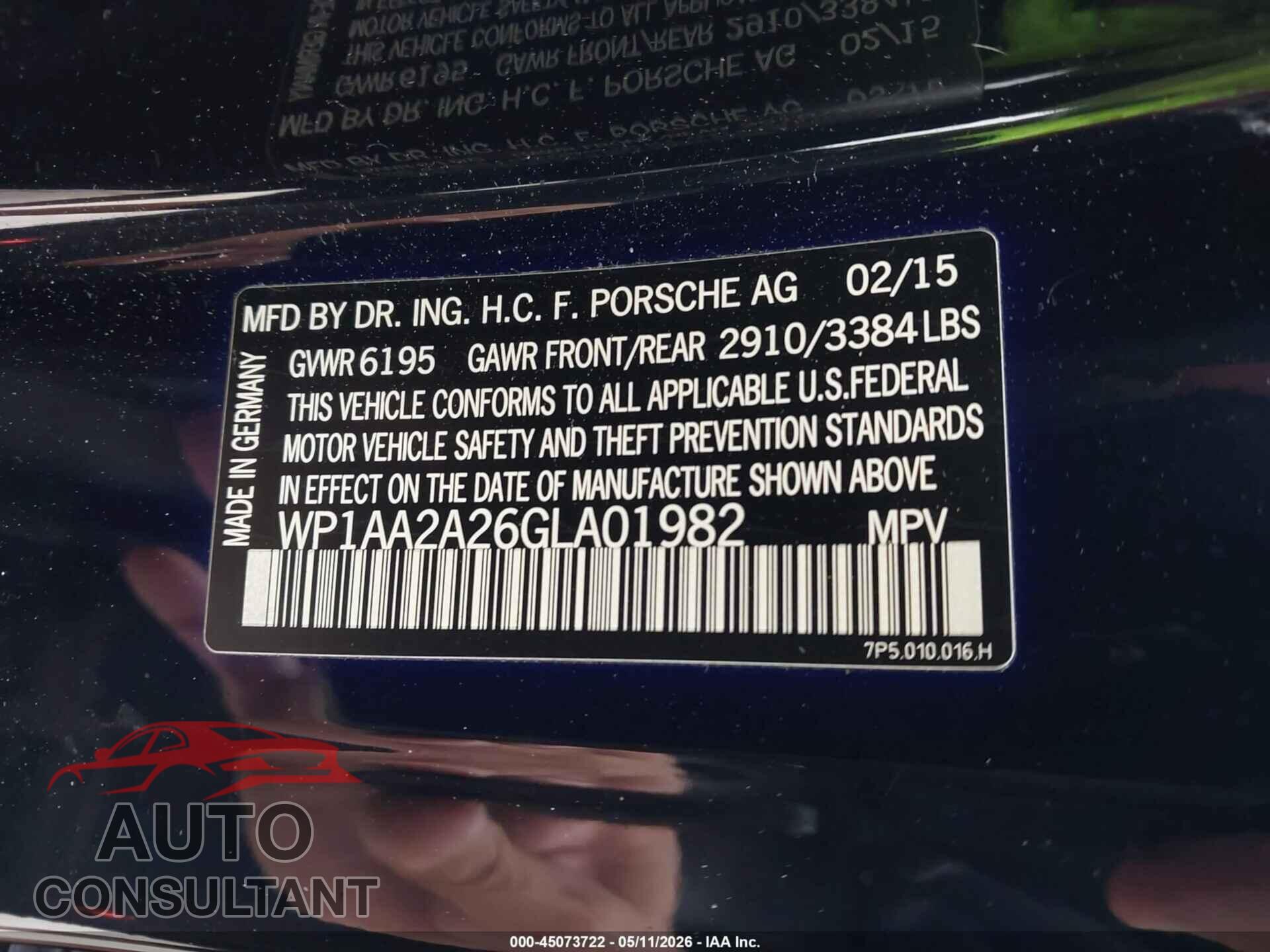 PORSCHE CAYENNE 2016 - WP1AA2A26GLA01982