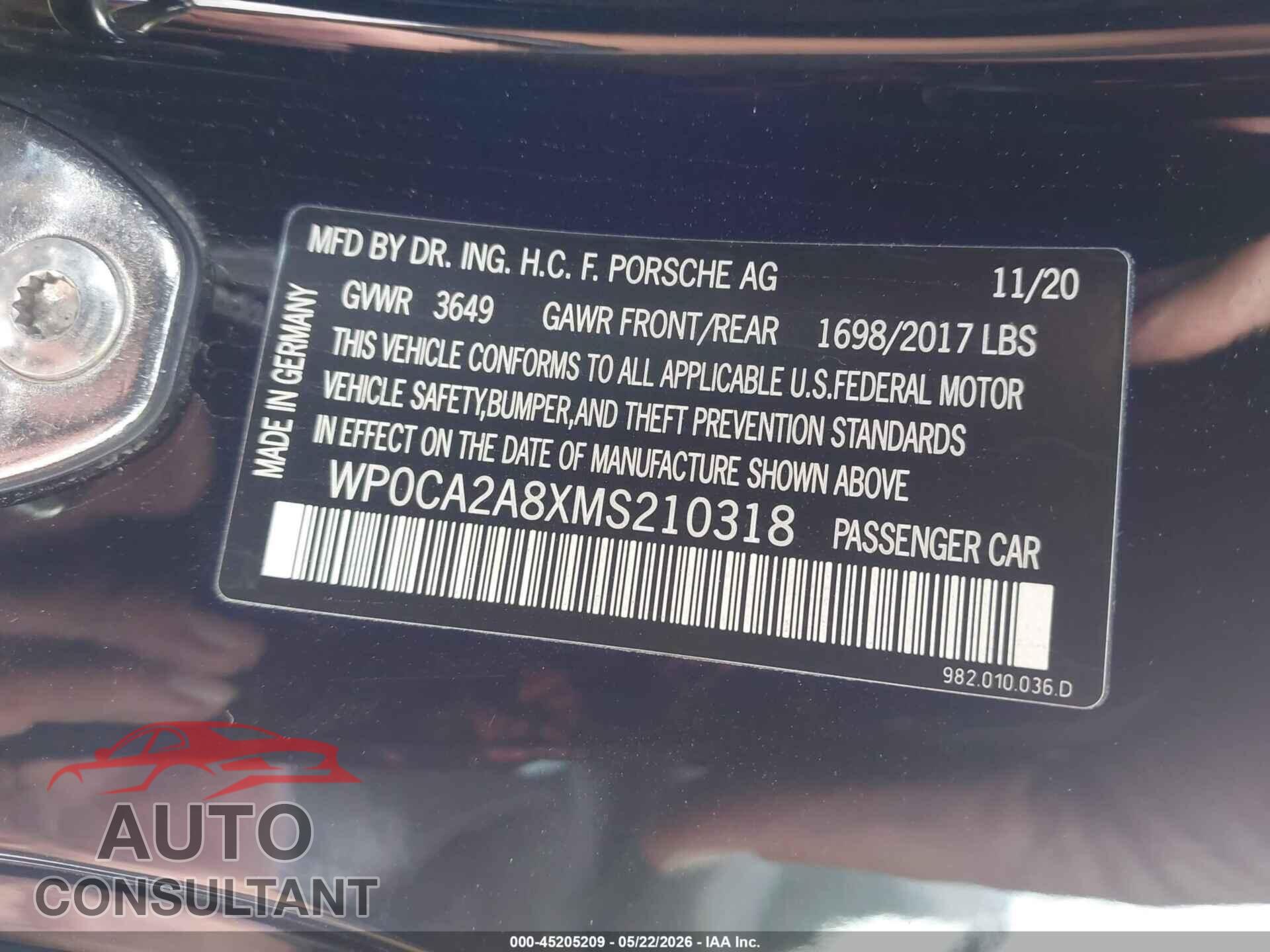 PORSCHE 718 BOXSTER 2021 - WP0CA2A8XMS210318