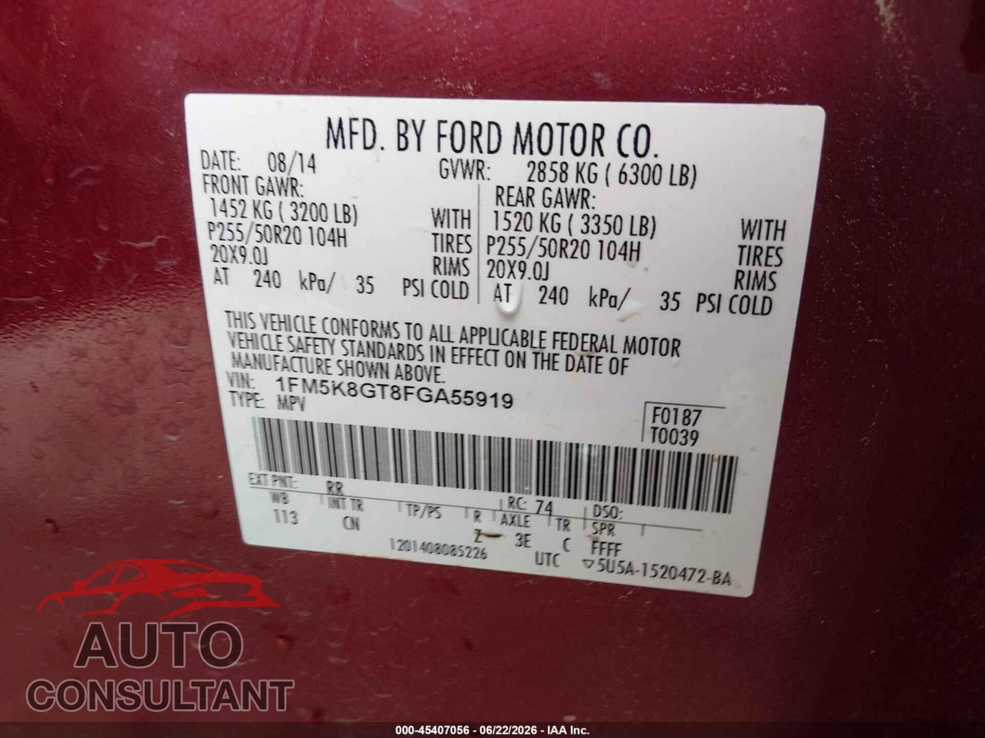 FORD EXPLORER 2015 - 1FM5K8GT8FGA55919