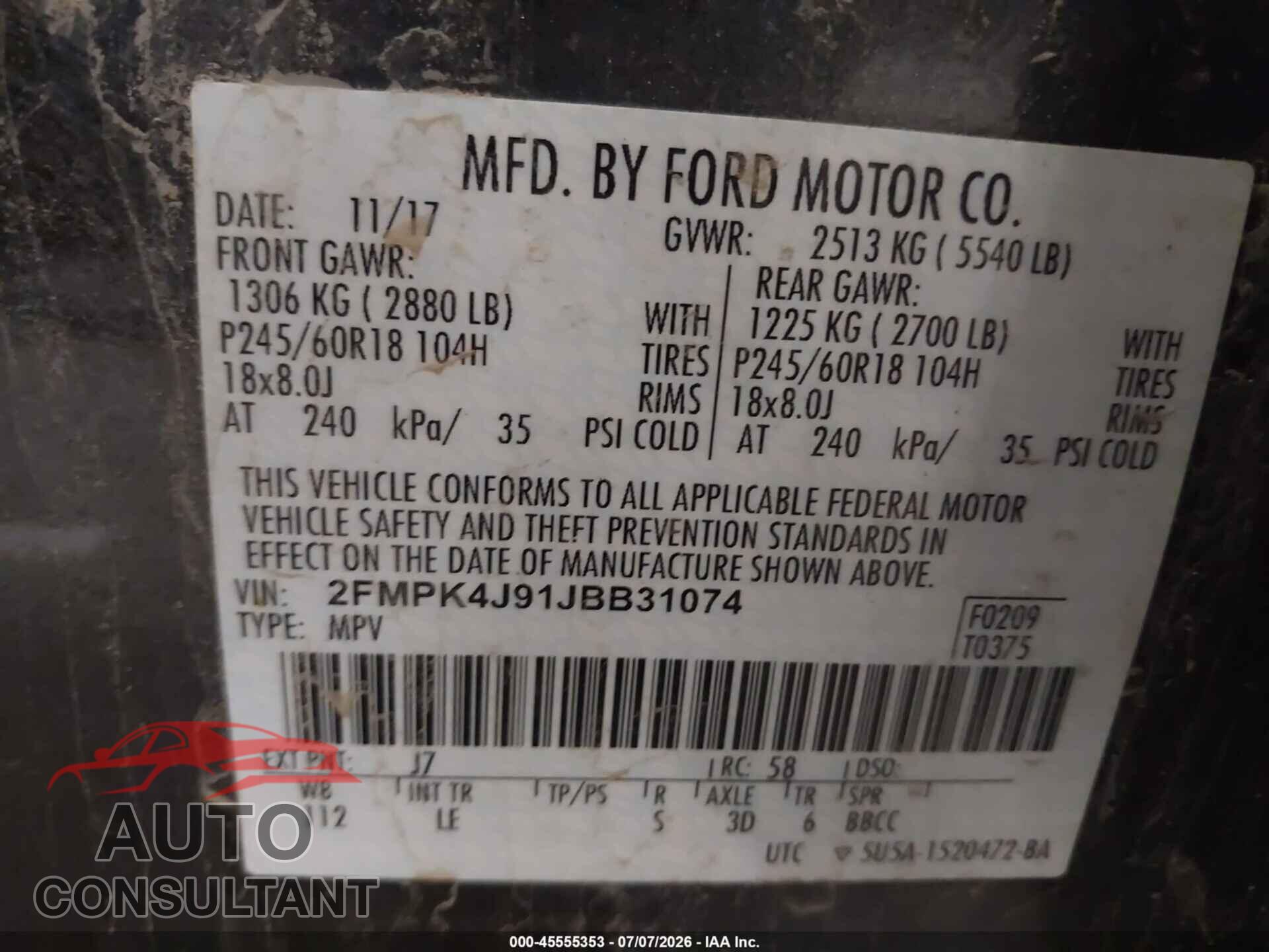 FORD EDGE 2018 - 2FMPK4J91JBB31074