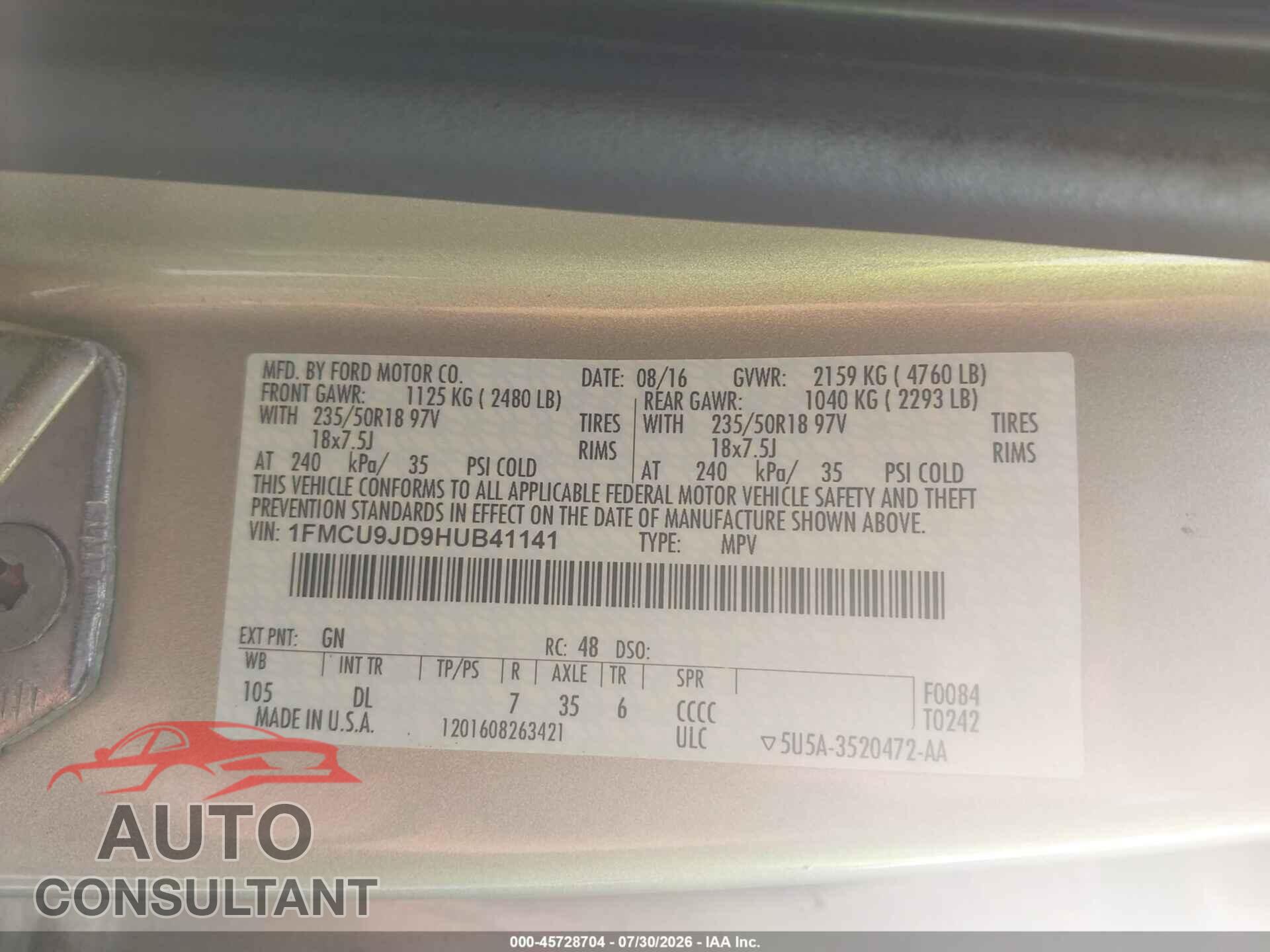 FORD ESCAPE 2017 - 1FMCU9JD9HUB41141