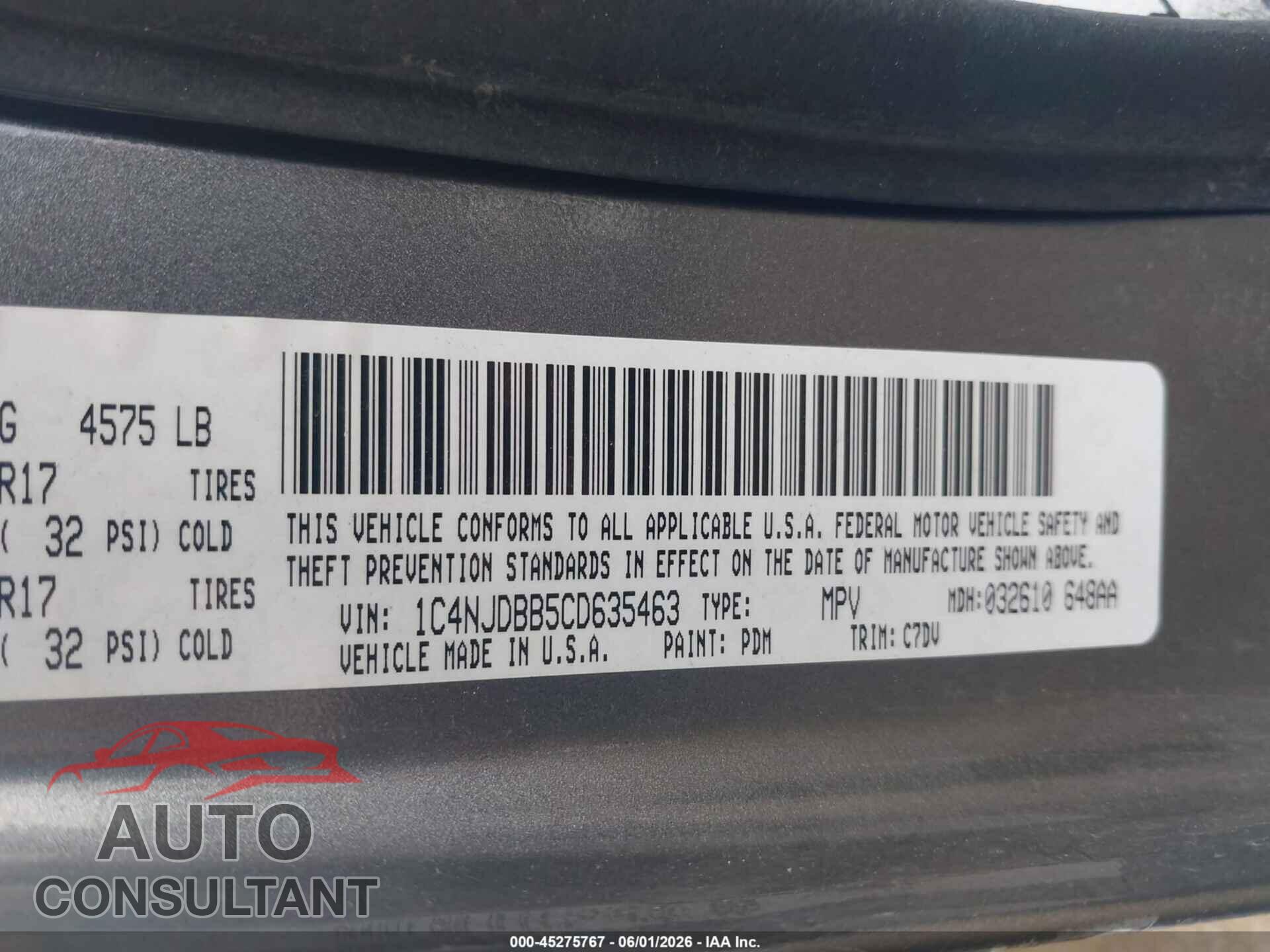 JEEP COMPASS 2012 - 1C4NJDBB5CD635463