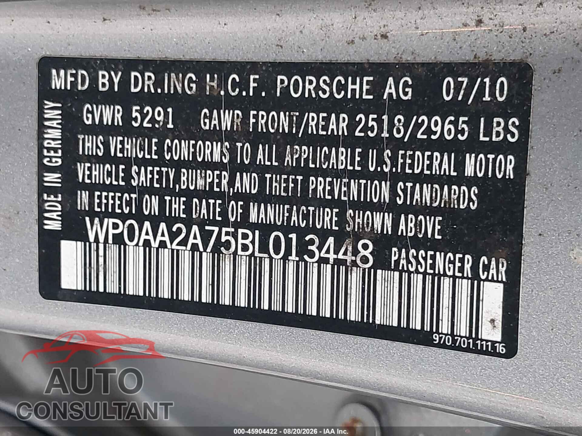 PORSCHE PANAMERA 2011 - WP0AA2A75BL013448