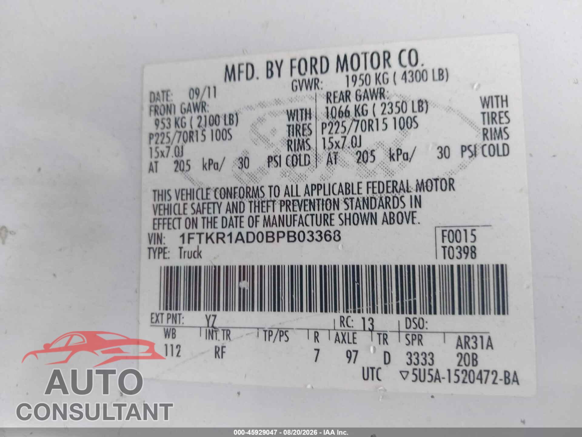 FORD RANGER 2011 - 1FTKR1AD0BPB03368