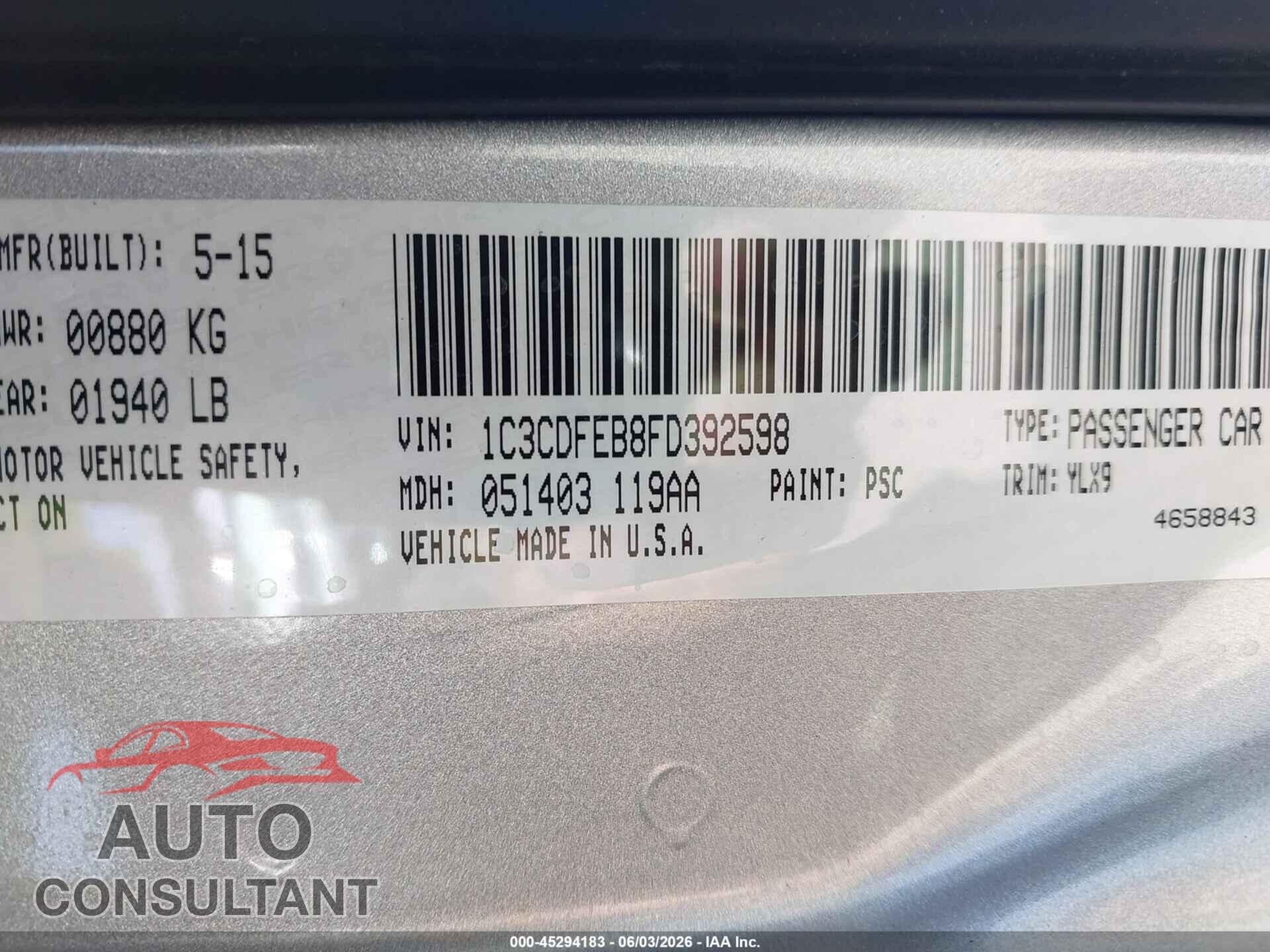 DODGE DART 2015 - 1C3CDFEB8FD392598