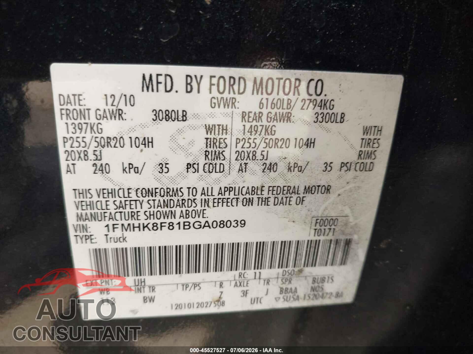 FORD EXPLORER 2011 - 1FMHK8F81BGA08039