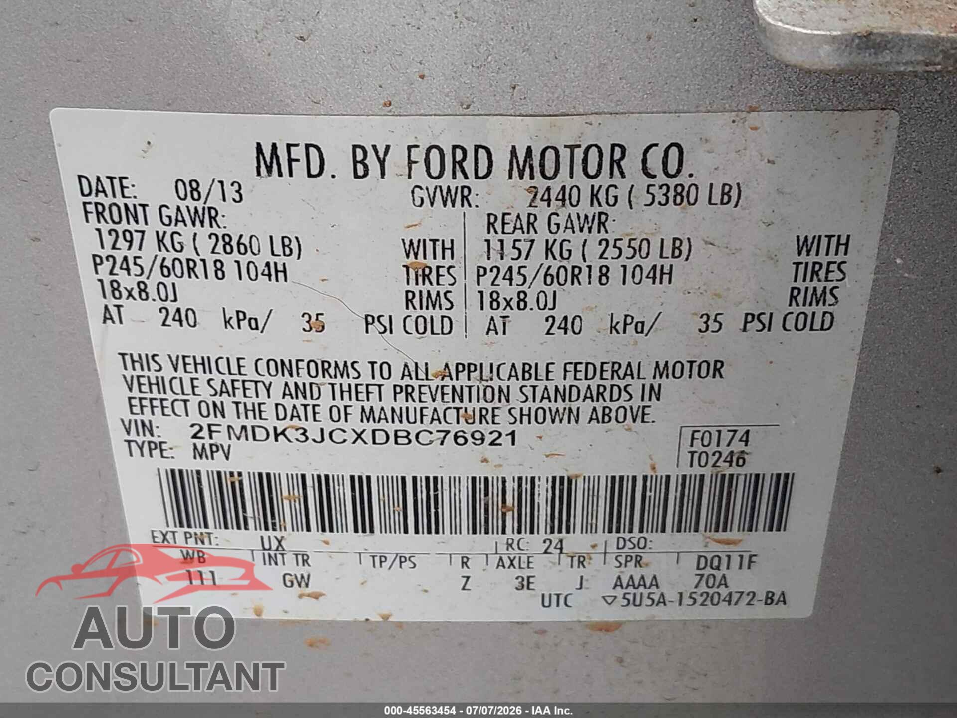 FORD EDGE 2013 - 2FMDK3JCXDBC76921