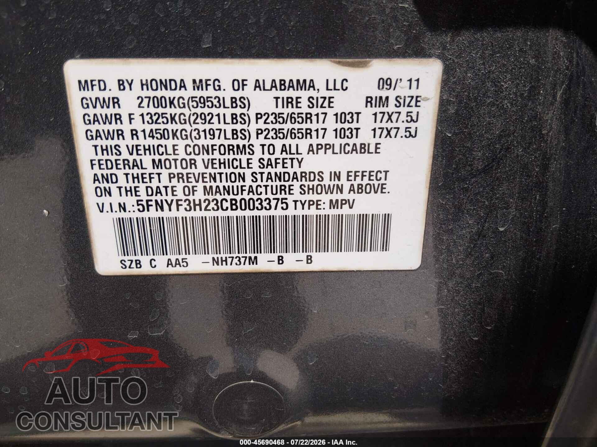 HONDA PILOT 2012 - 5FNYF3H23CB003375