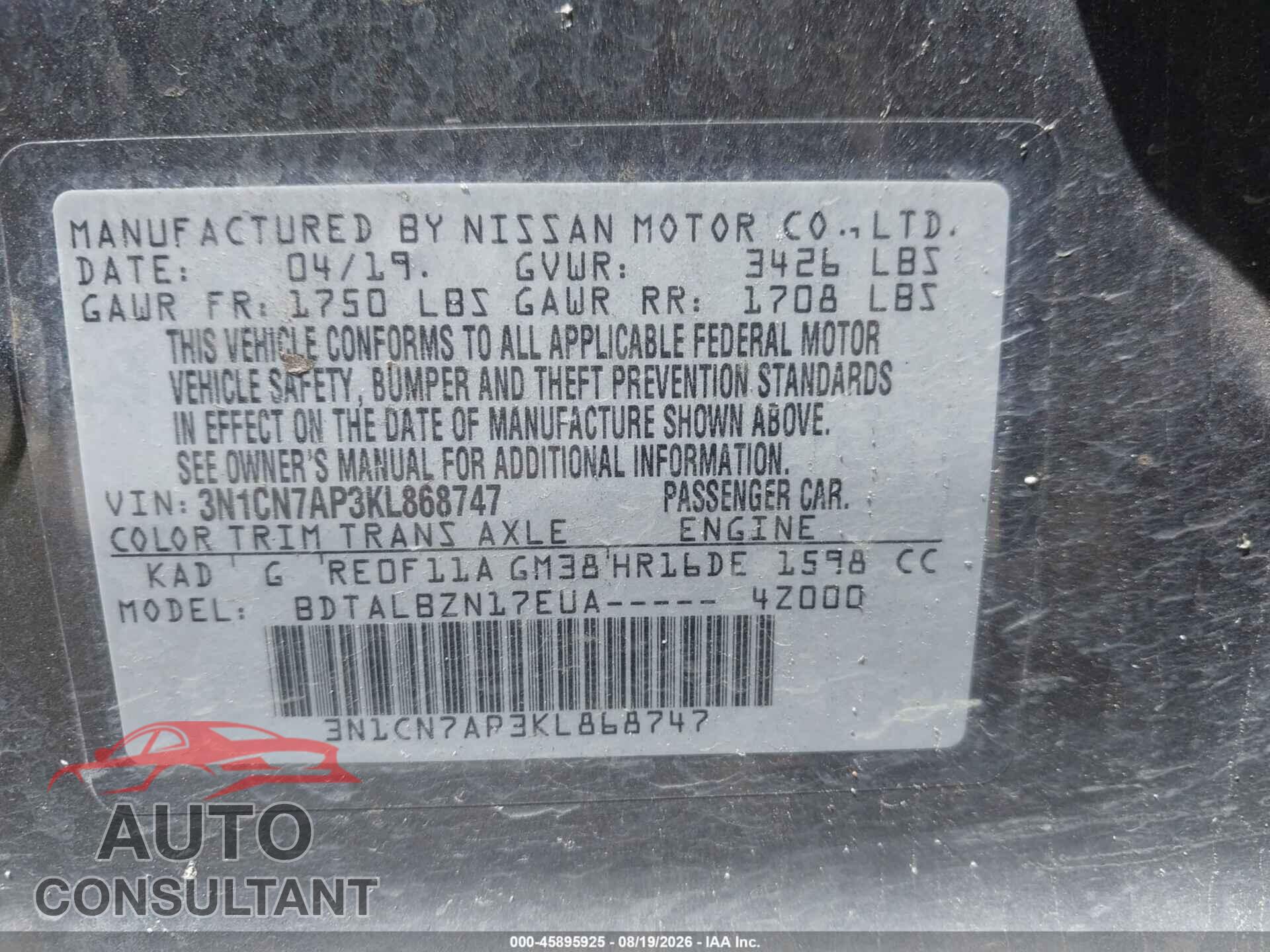 NISSAN VERSA 2019 - 3N1CN7AP3KL868747