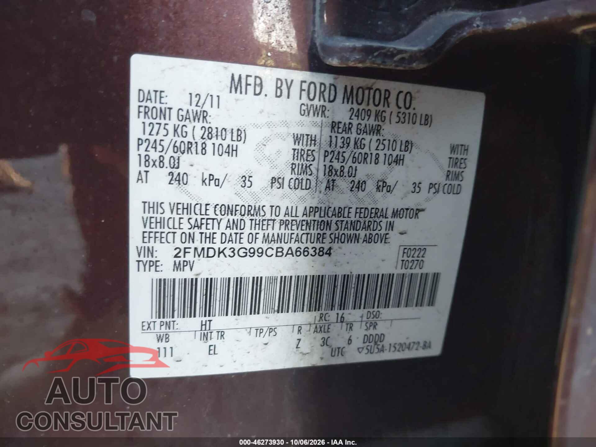 FORD EDGE 2012 - 2FMDK3G99CBA66384