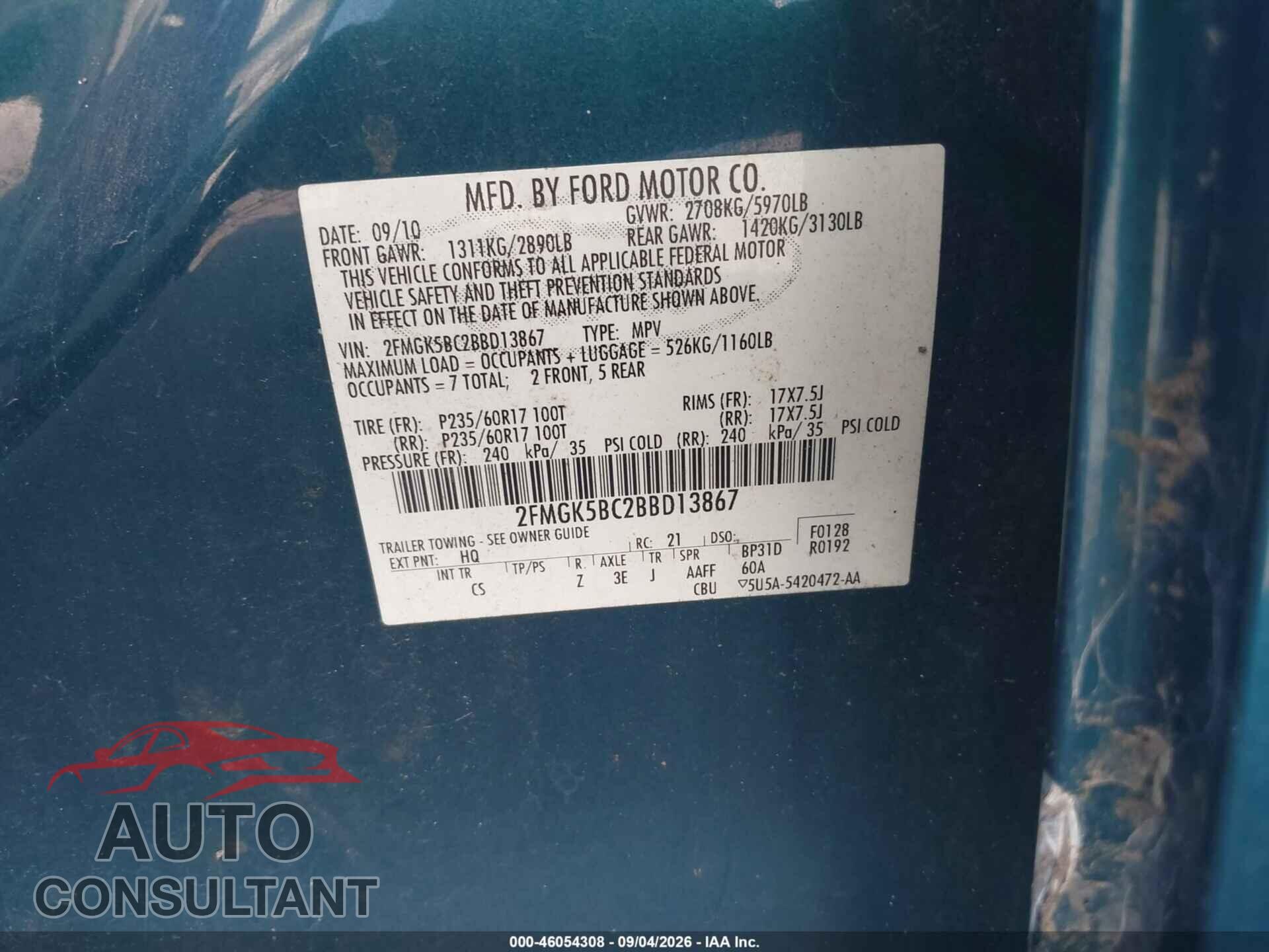 FORD FLEX 2011 - 2FMGK5BC2BBD13867