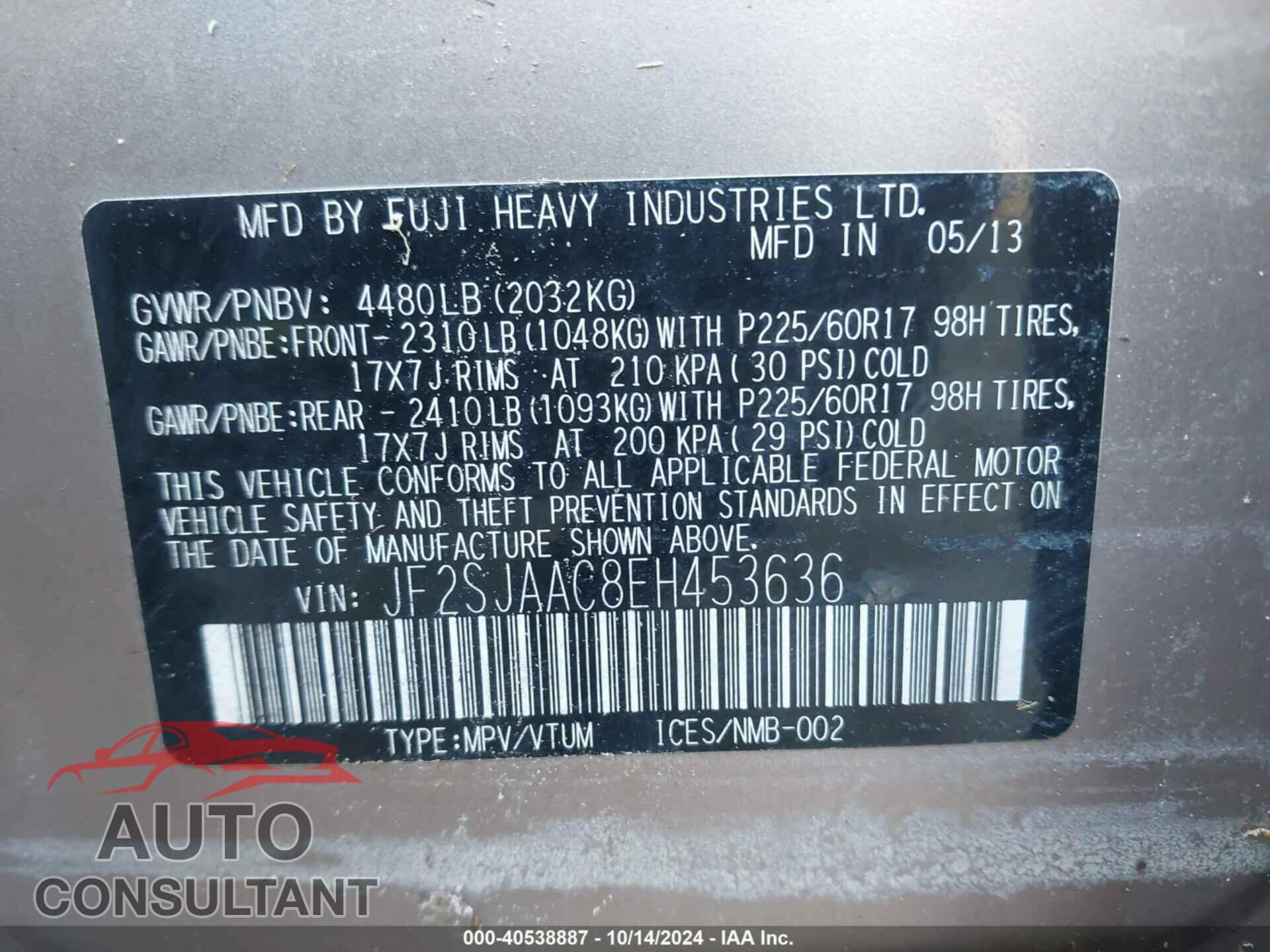 SUBARU FORESTER 2014 - JF2SJAAC8EH453636