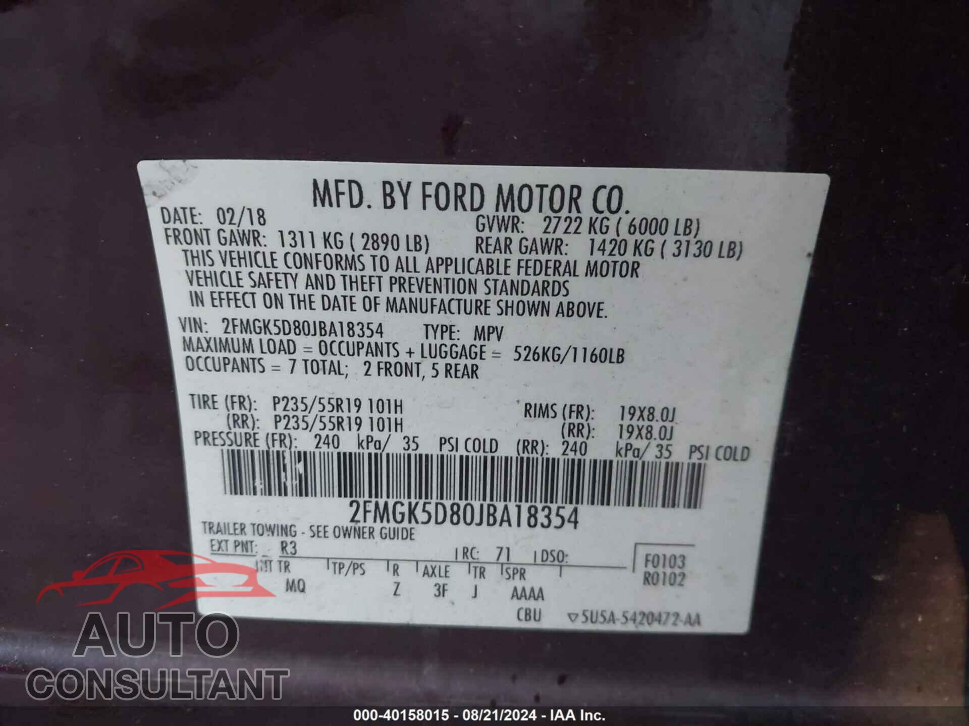 FORD FLEX 2018 - 2FMGK5D80JBA18354