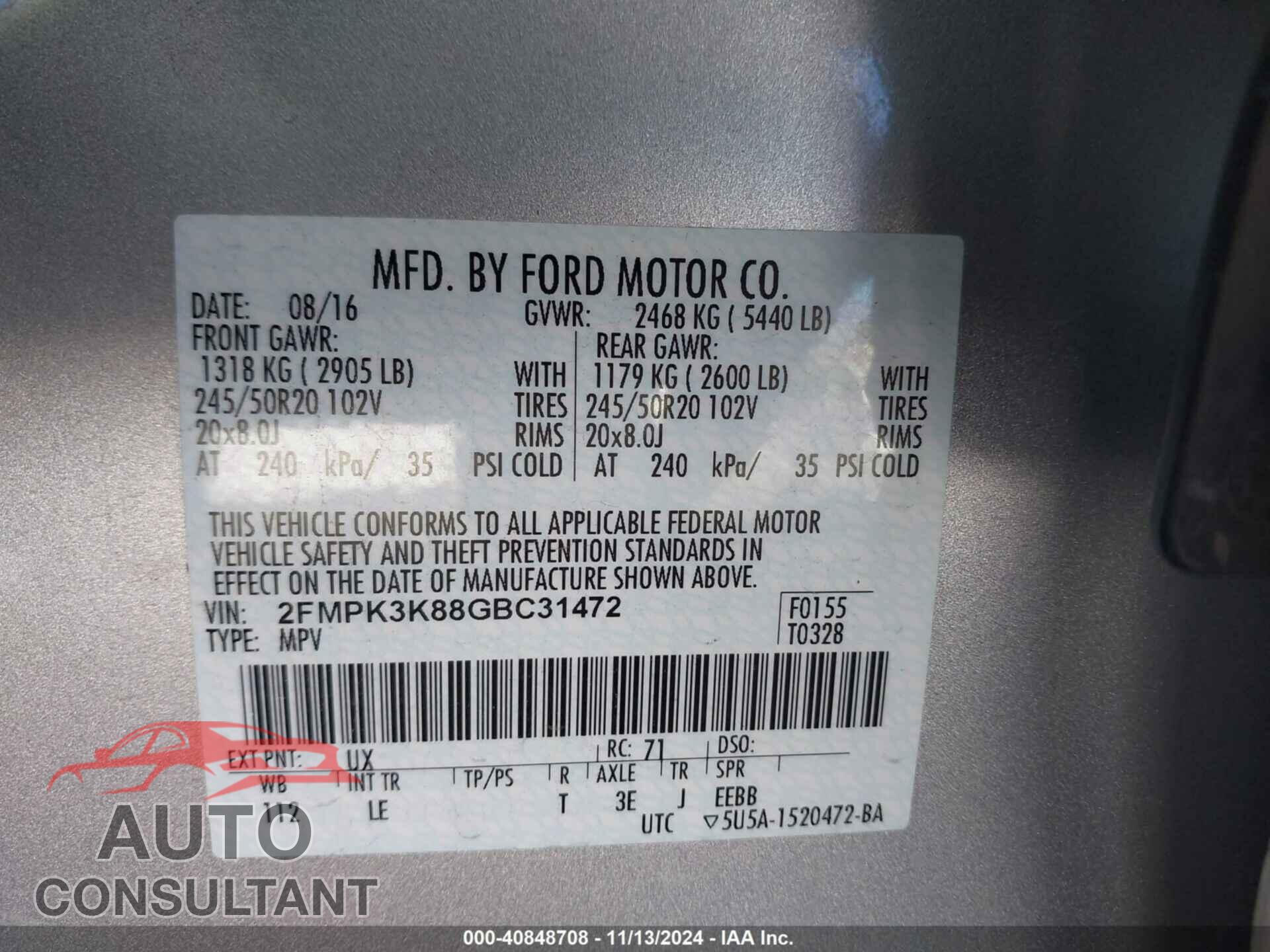 FORD EDGE 2016 - 2FMPK3K88GBC31472