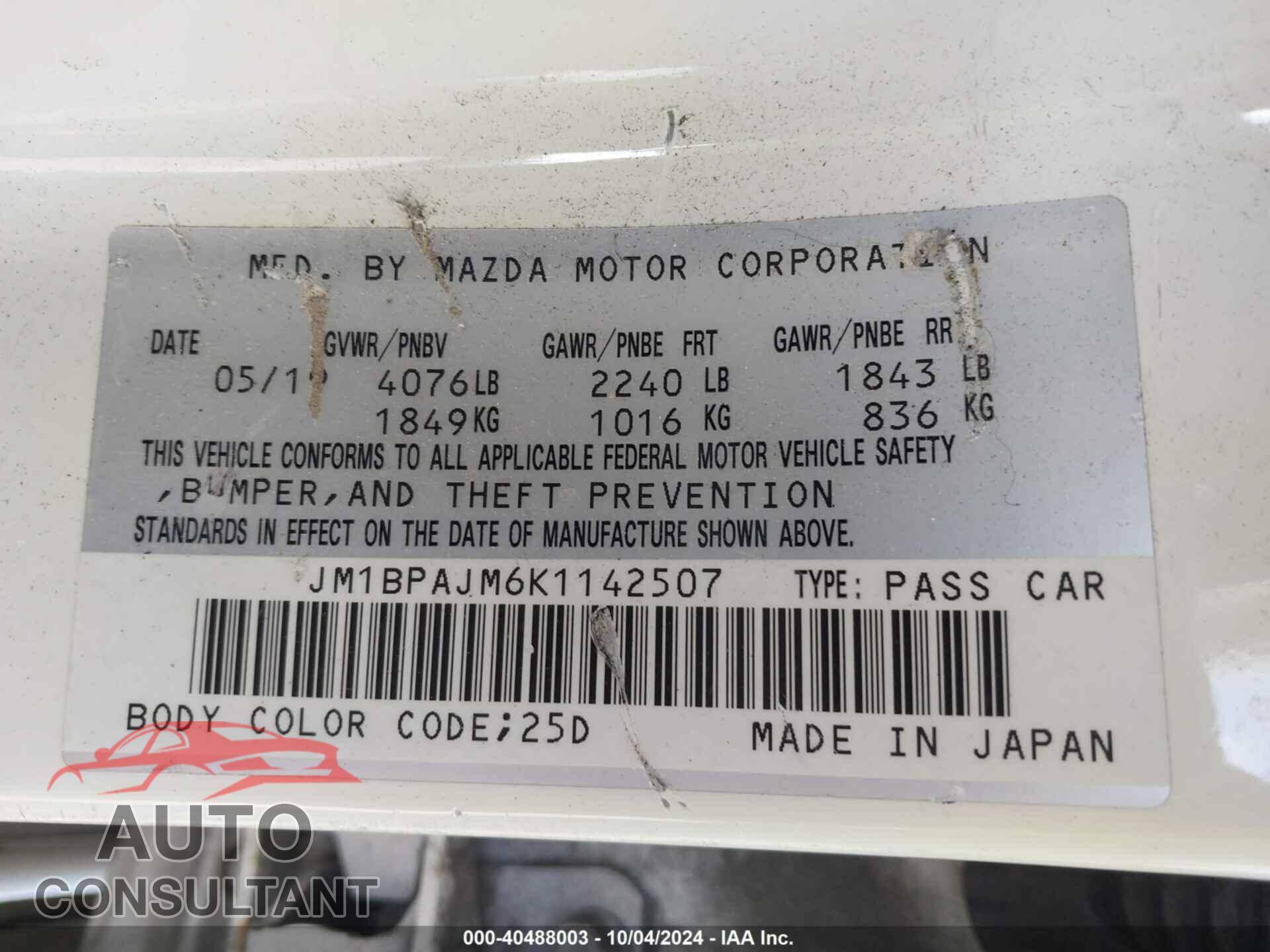 MAZDA 3 2019 - JM1BPAJM6K1142507