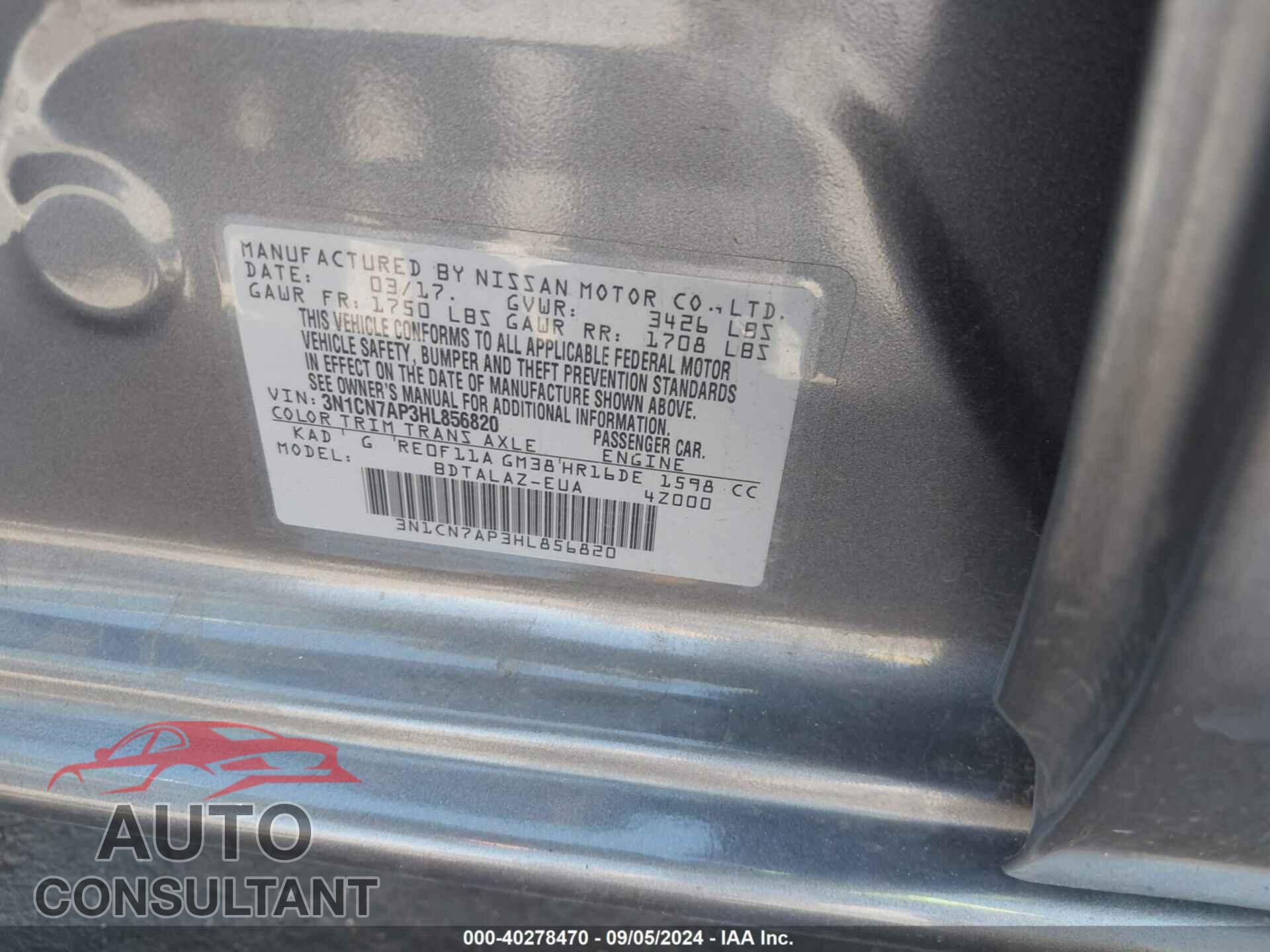 NISSAN VERSA 2017 - 3N1CN7AP3HL856820