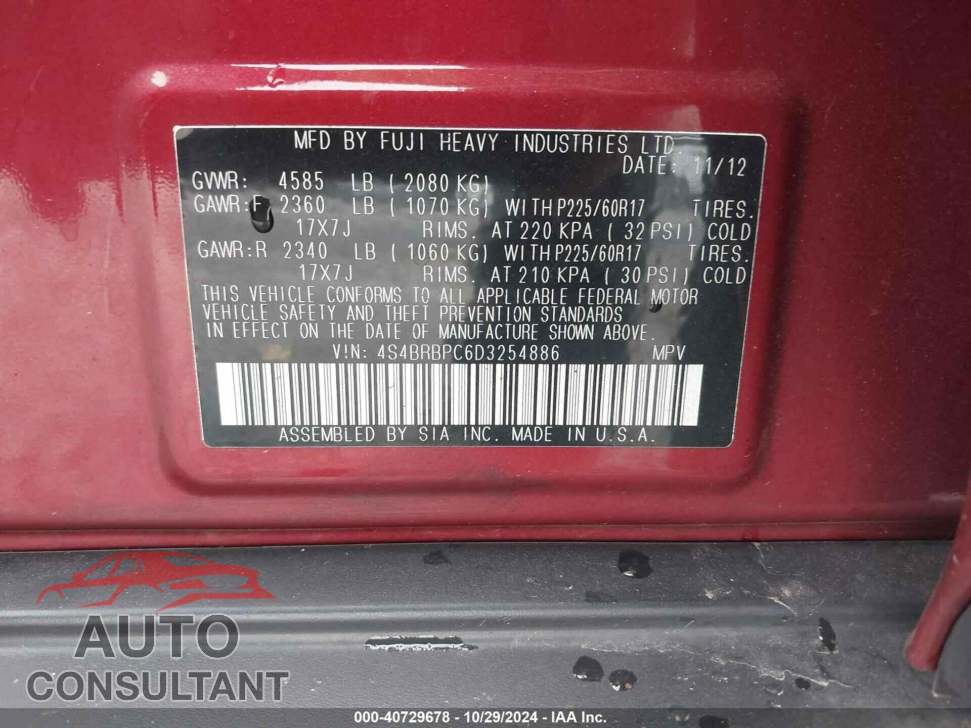 SUBARU OUTBACK 2013 - 4S4BRBPC6D3254886