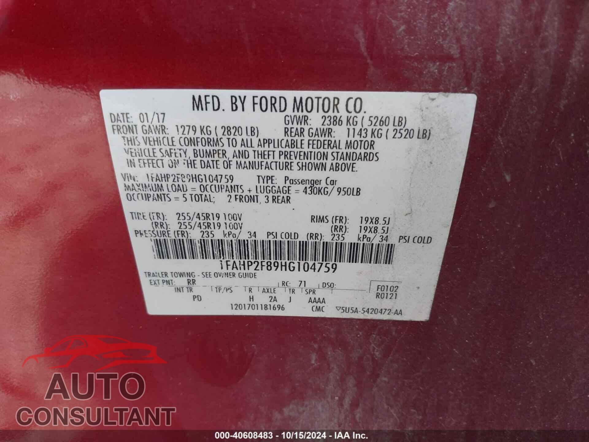 FORD TAURUS 2017 - 1FAHP2F89HG104759