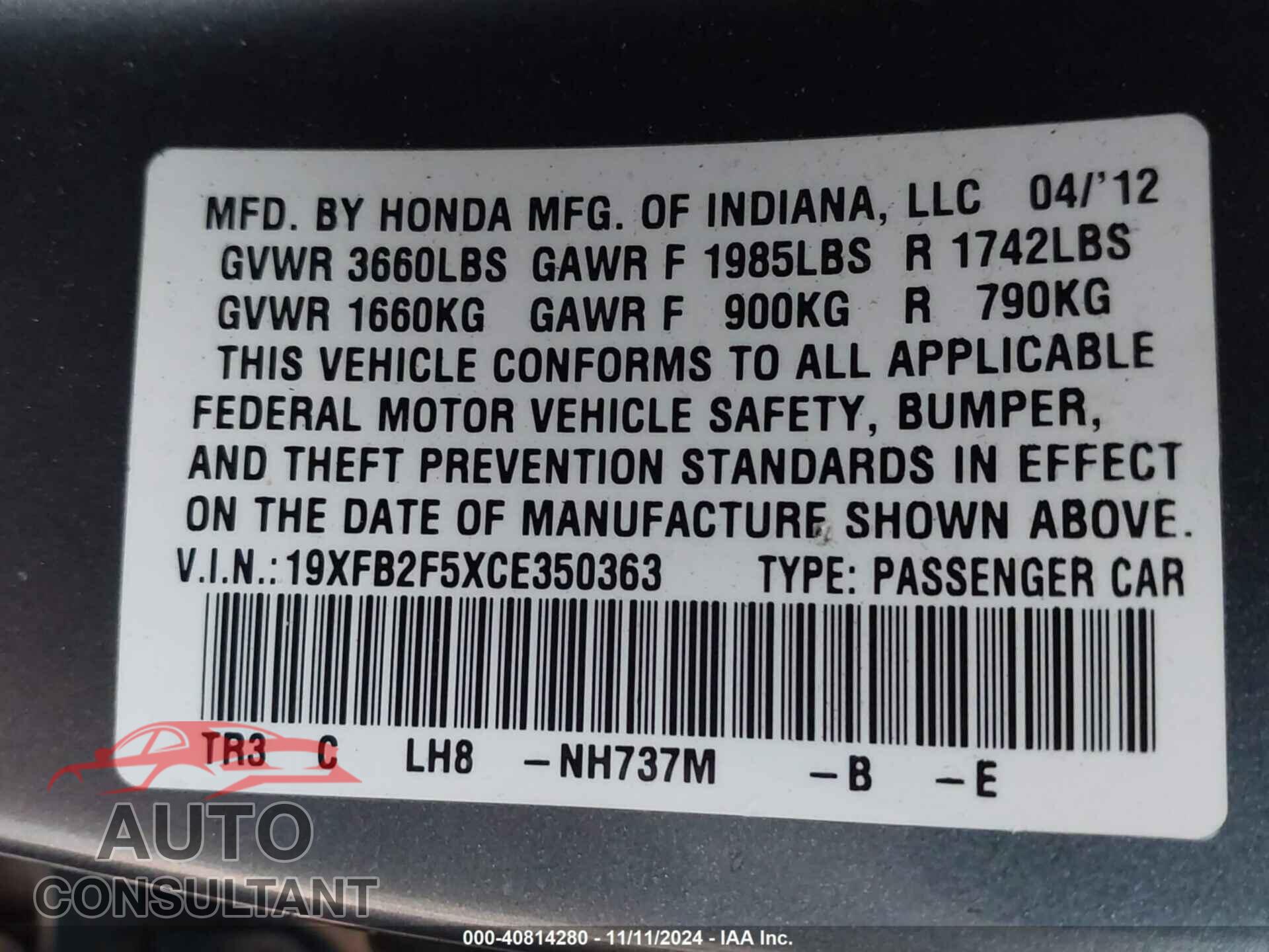 HONDA CIVIC 2012 - 19XFB2F5XCE350363